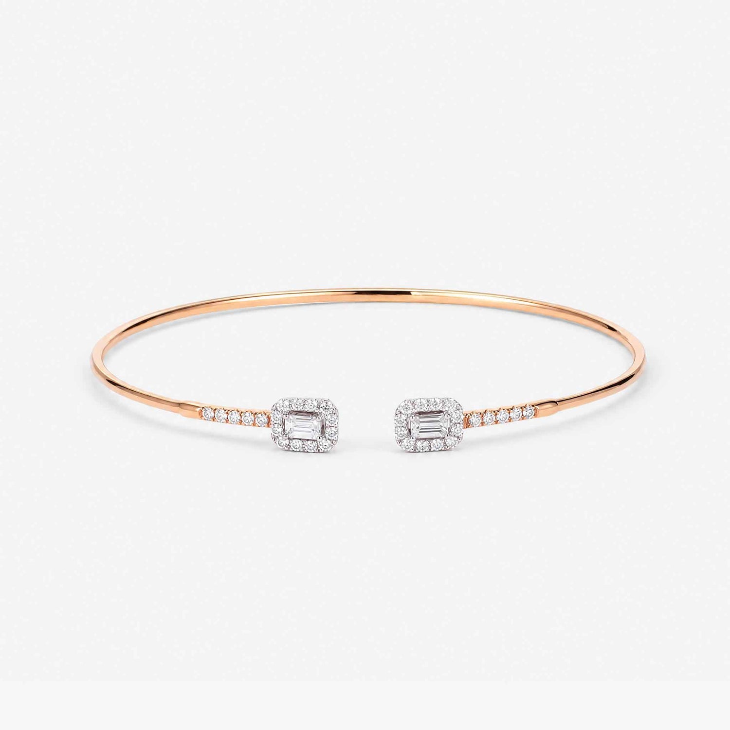 Natural Emerald Cut and Round Diamond Halo Open Cuff Bangle in 18K Rose Gold - JewelryAndStore