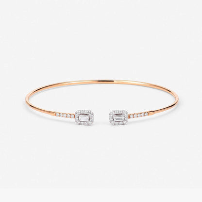 Natural Emerald Cut and Round Diamond Halo Open Cuff Bangle in 18K Rose Gold - JewelryAndStore