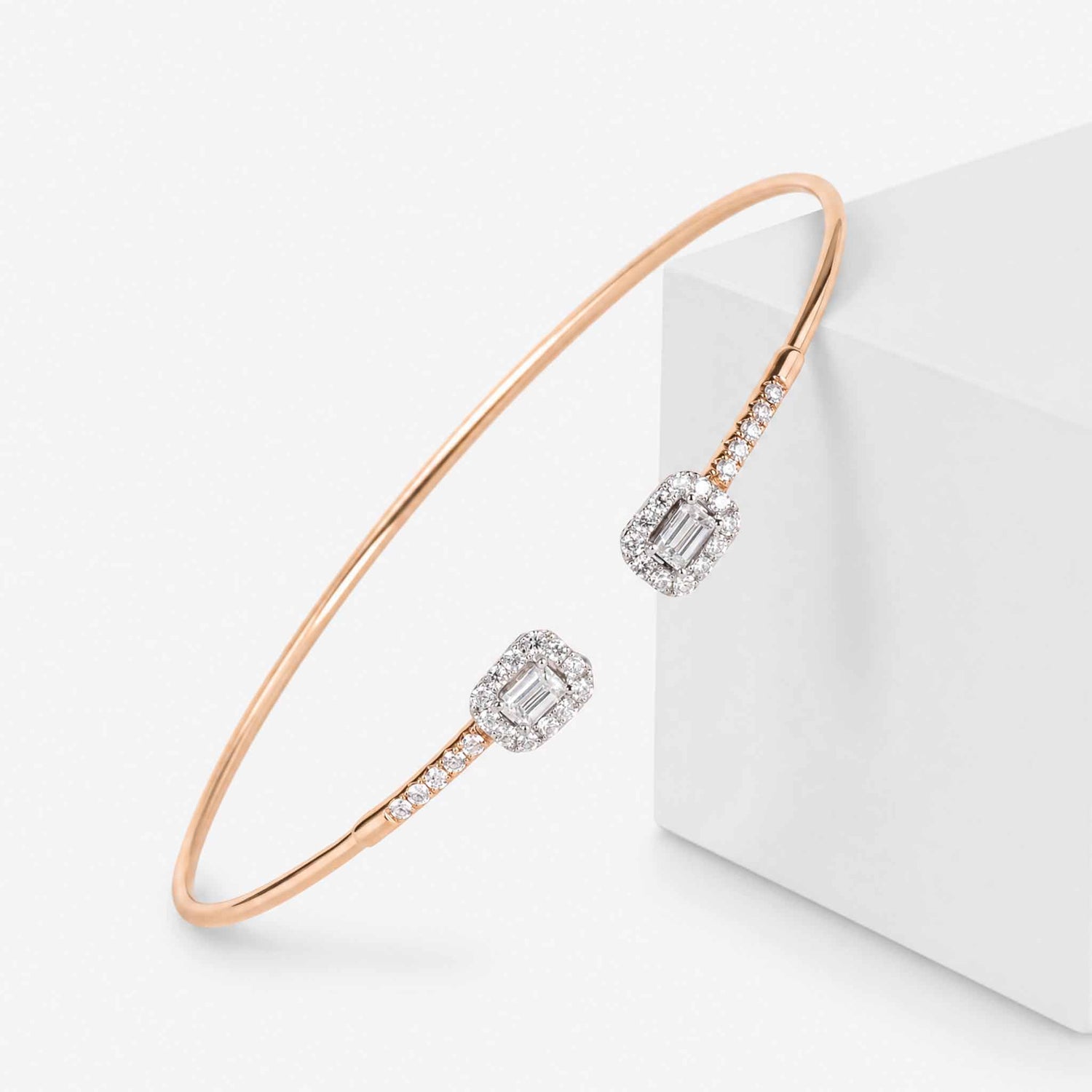 Natural Emerald Cut and Round Diamond Halo Open Cuff Bangle in 18K Rose Gold - JewelryAndStore