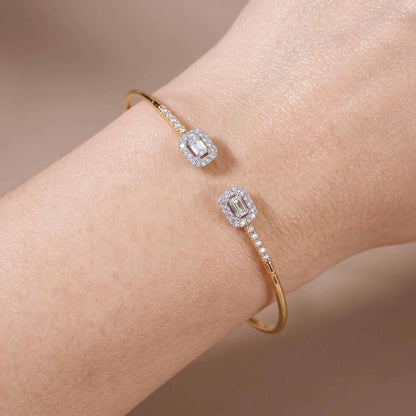 Natural Emerald Cut and Round Diamond Halo Open Cuff Bangle in 18K Rose Gold - JewelryAndStore