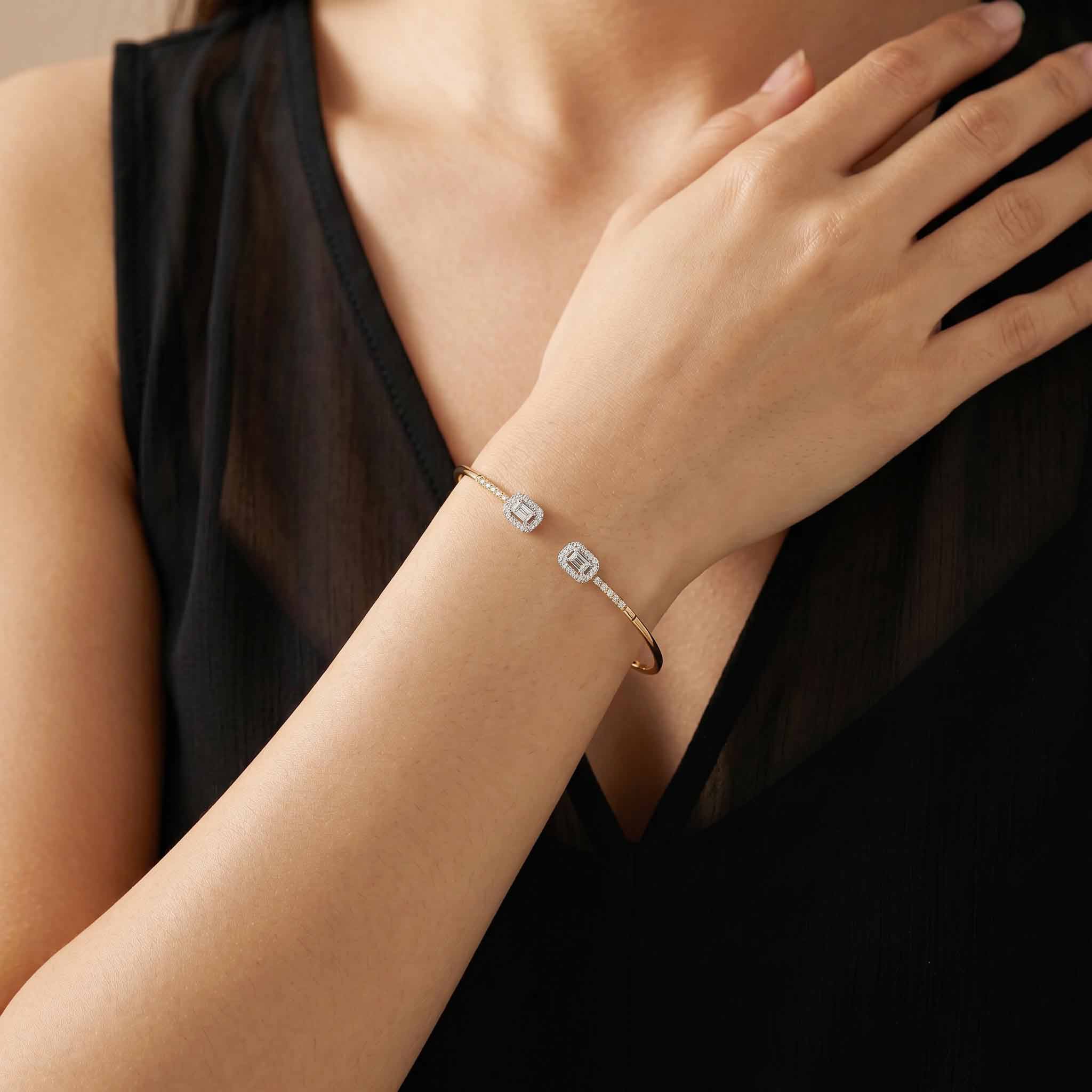 Natural Emerald Cut and Round Diamond Halo Open Cuff Bangle in 18K Rose Gold - JewelryAndStore