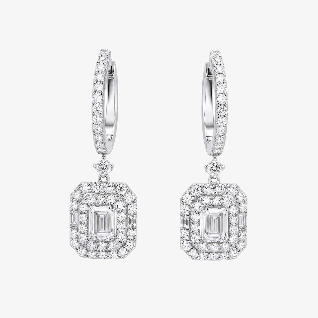 Natural Emerald Cut Diamond Drop Earrings in 18K White Gold - JewelryAndStore