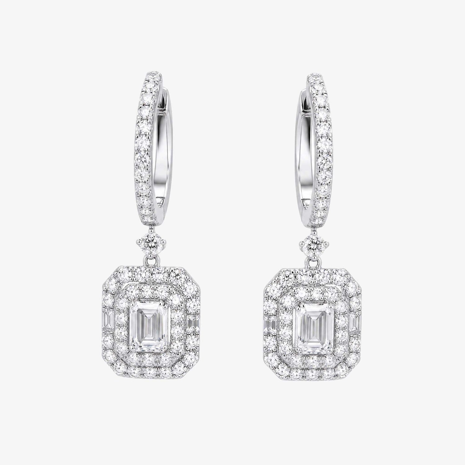 Natural Emerald Cut Diamond Drop Earrings in 18K White Gold- JewelryandStore