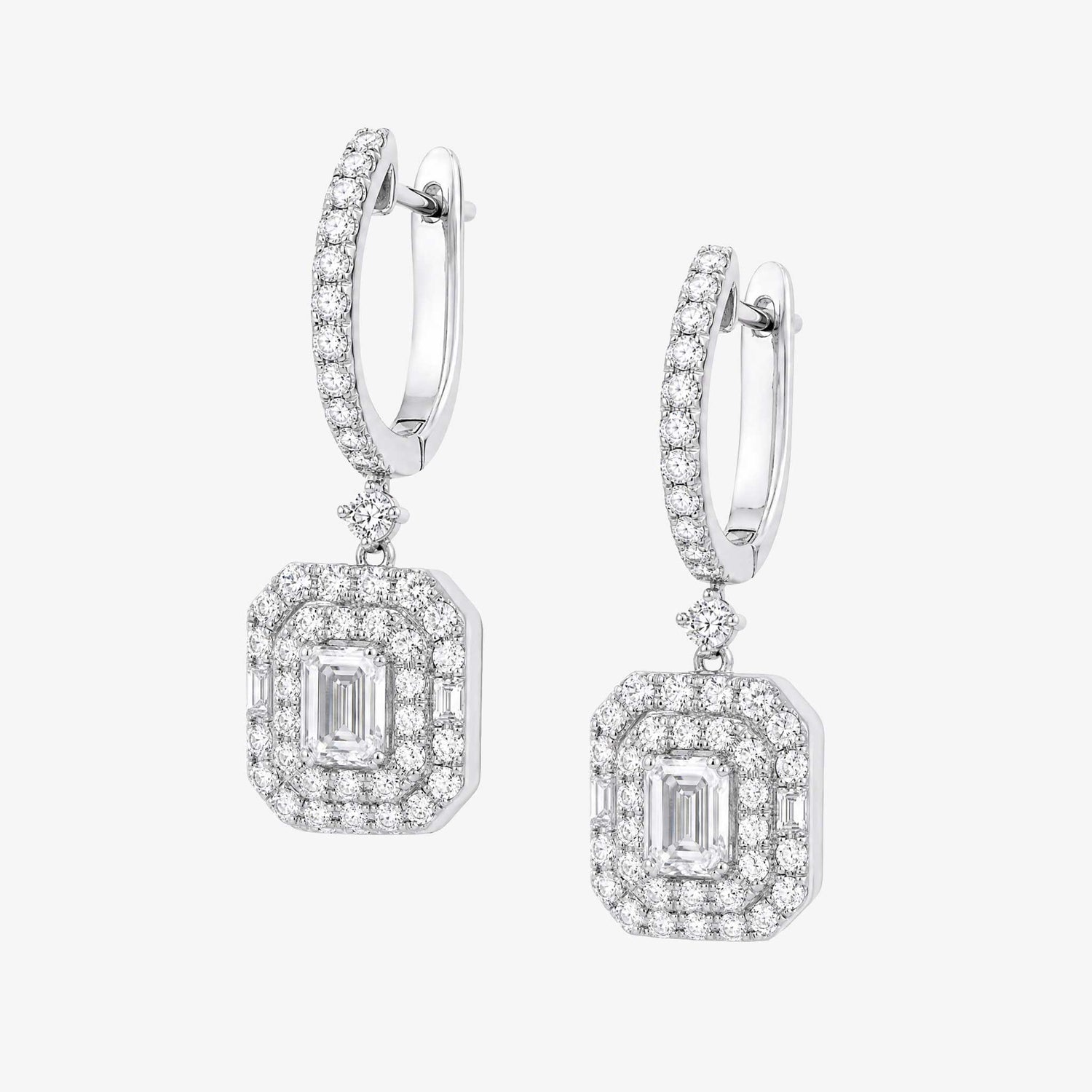 Natural Emerald Cut Diamond Drop Earrings in 18K White Gold- JewelryandStore