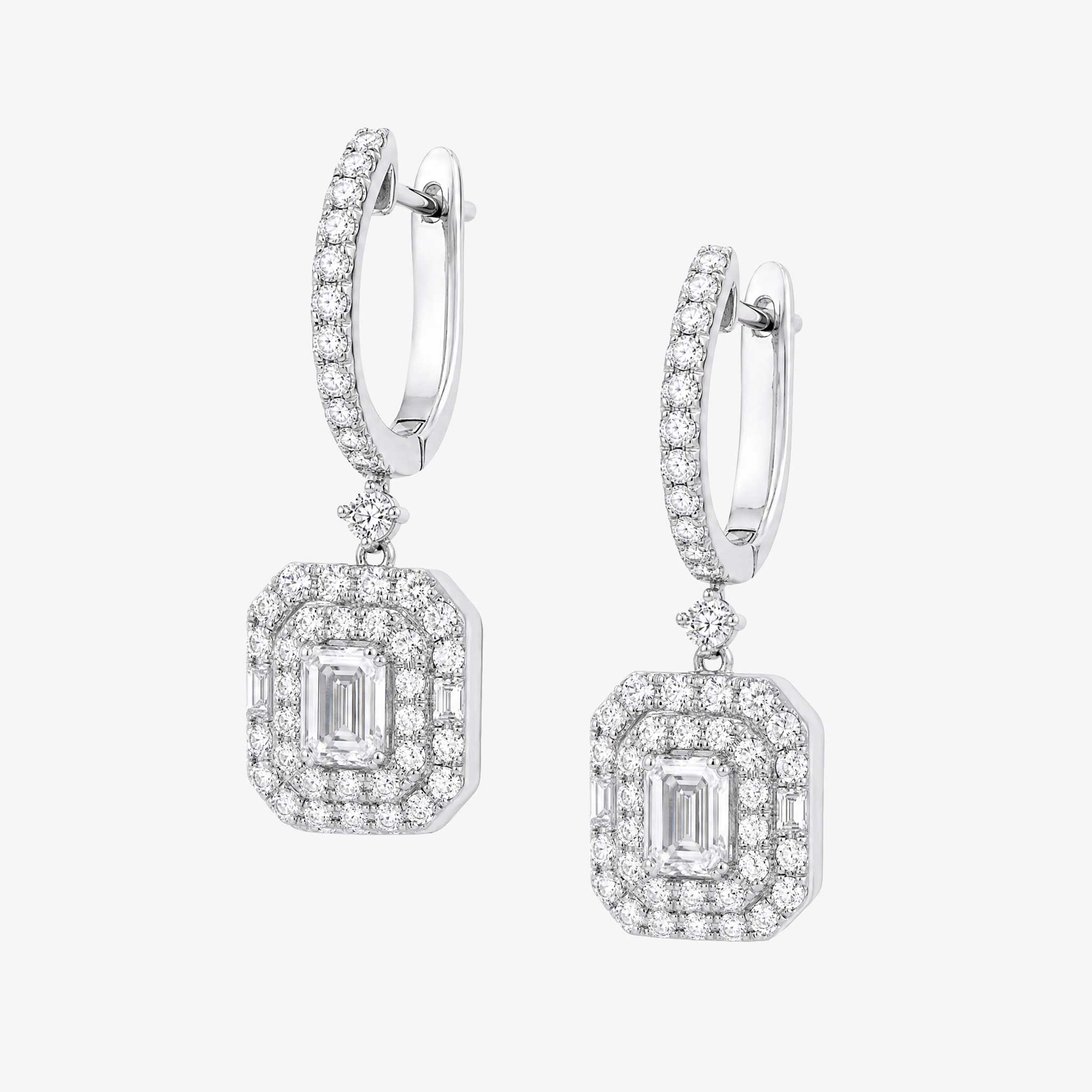 Natural Emerald Cut Diamond Drop Earrings in 18K White Gold- JewelryandStore