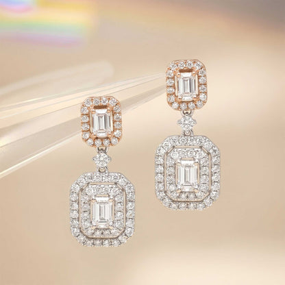 1.12 ctw Natural Emerald Cut Diamond Drop Earrings in 18K Two-Tone Gold - JewelryandStore