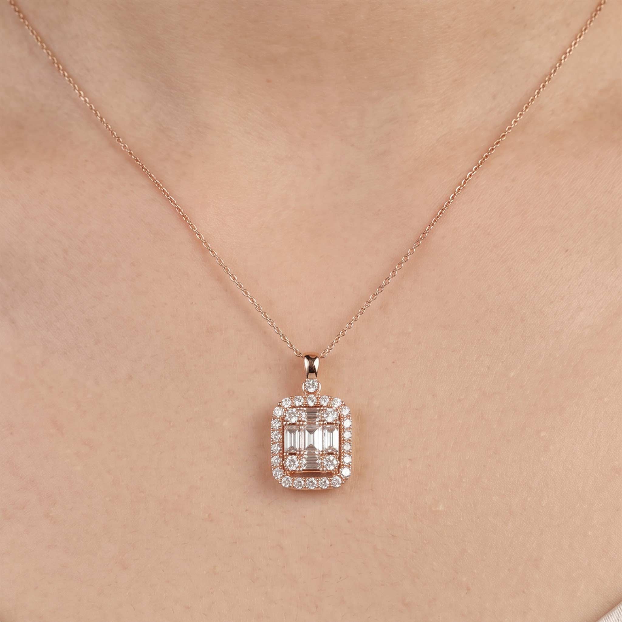 1.07ct Natural Diamond Baguette Illusion Pendant in 18K Rose Gold - JewelryAndStore