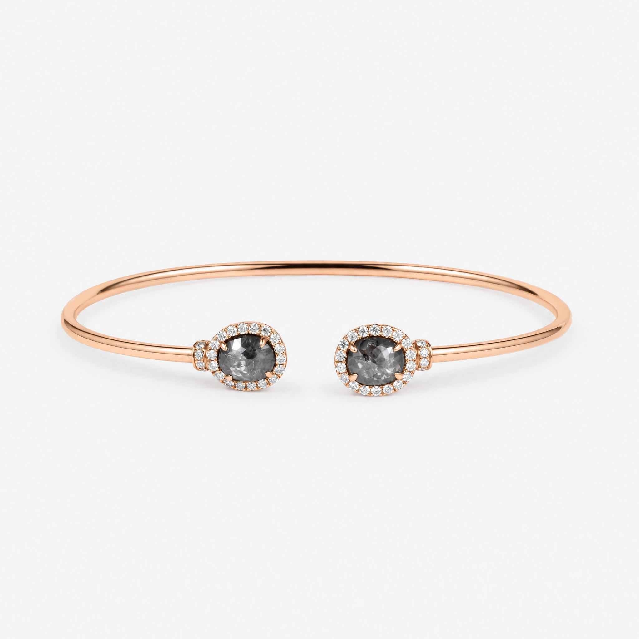 Natural Rough Diamond and Pave Open Cuff Bangle in 18K Rose Gold - JewelryAndStore