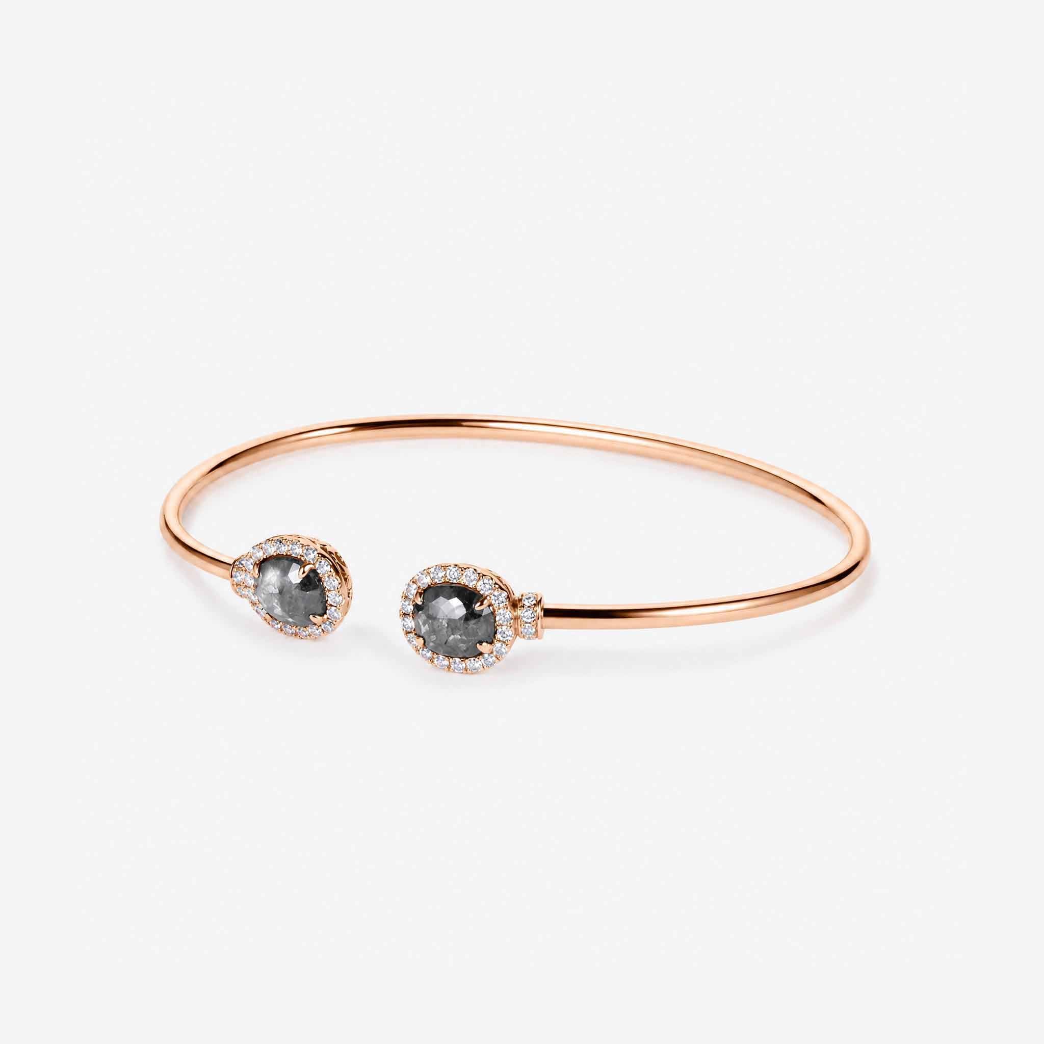 Natural Rough Diamond and Pave Open Cuff Bangle in 18K Rose Gold - JewelryAndStore