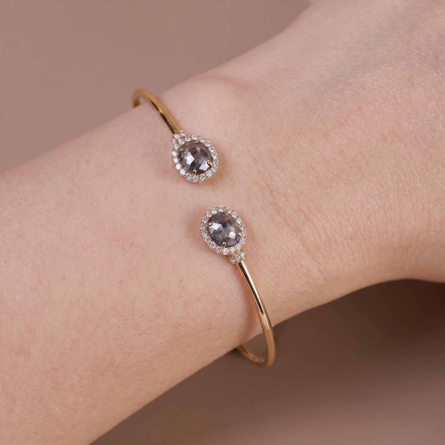 Natural Rough Diamond and Pave Open Cuff Bangle in 18K Rose Gold - JewelryAndStore