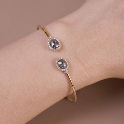 Natural Rough Diamond and Pave Open Cuff Bangle in 18K Rose Gold - JewelryAndStore