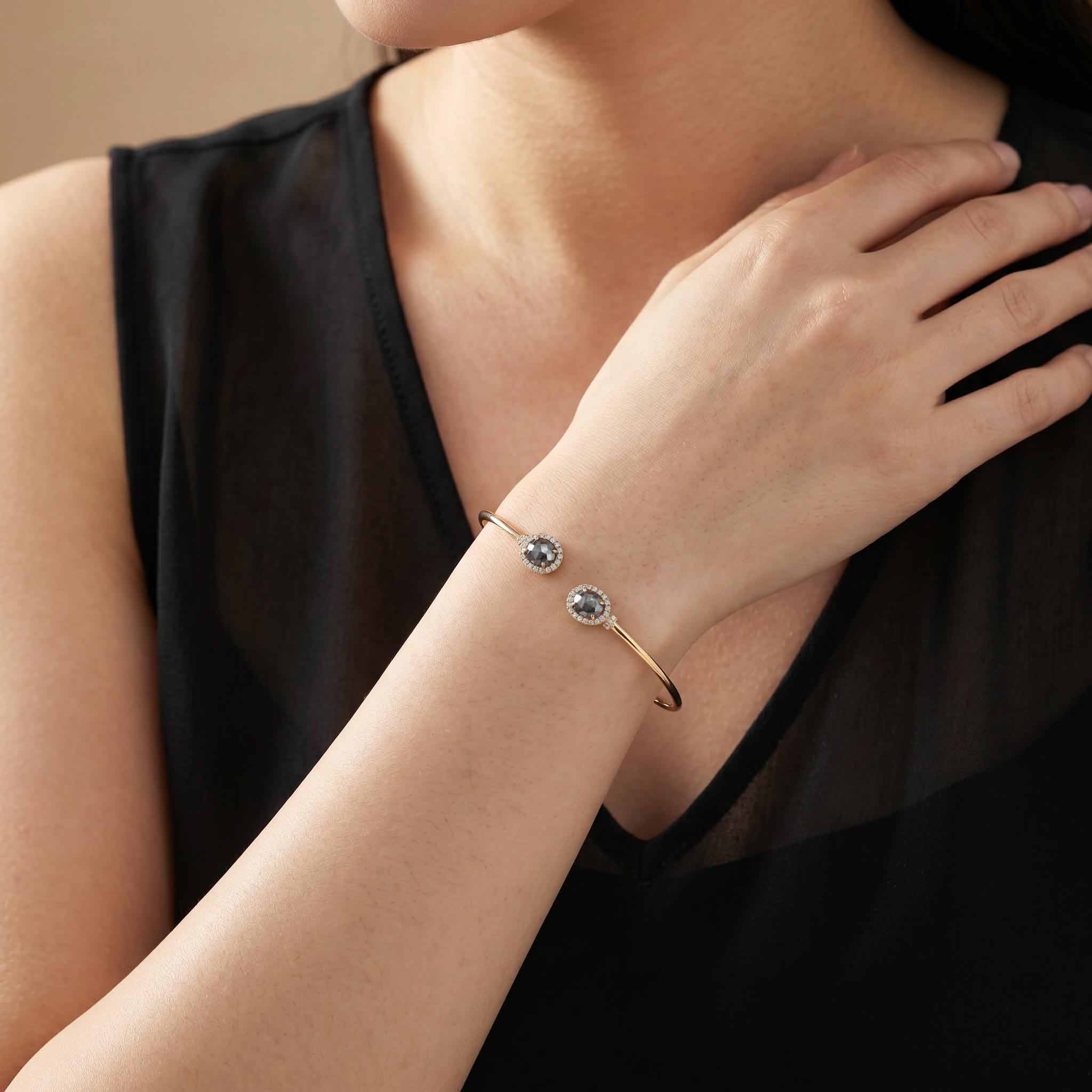 Natural Rough Diamond and Pave Open Cuff Bangle in 18K Rose Gold - JewelryAndStore