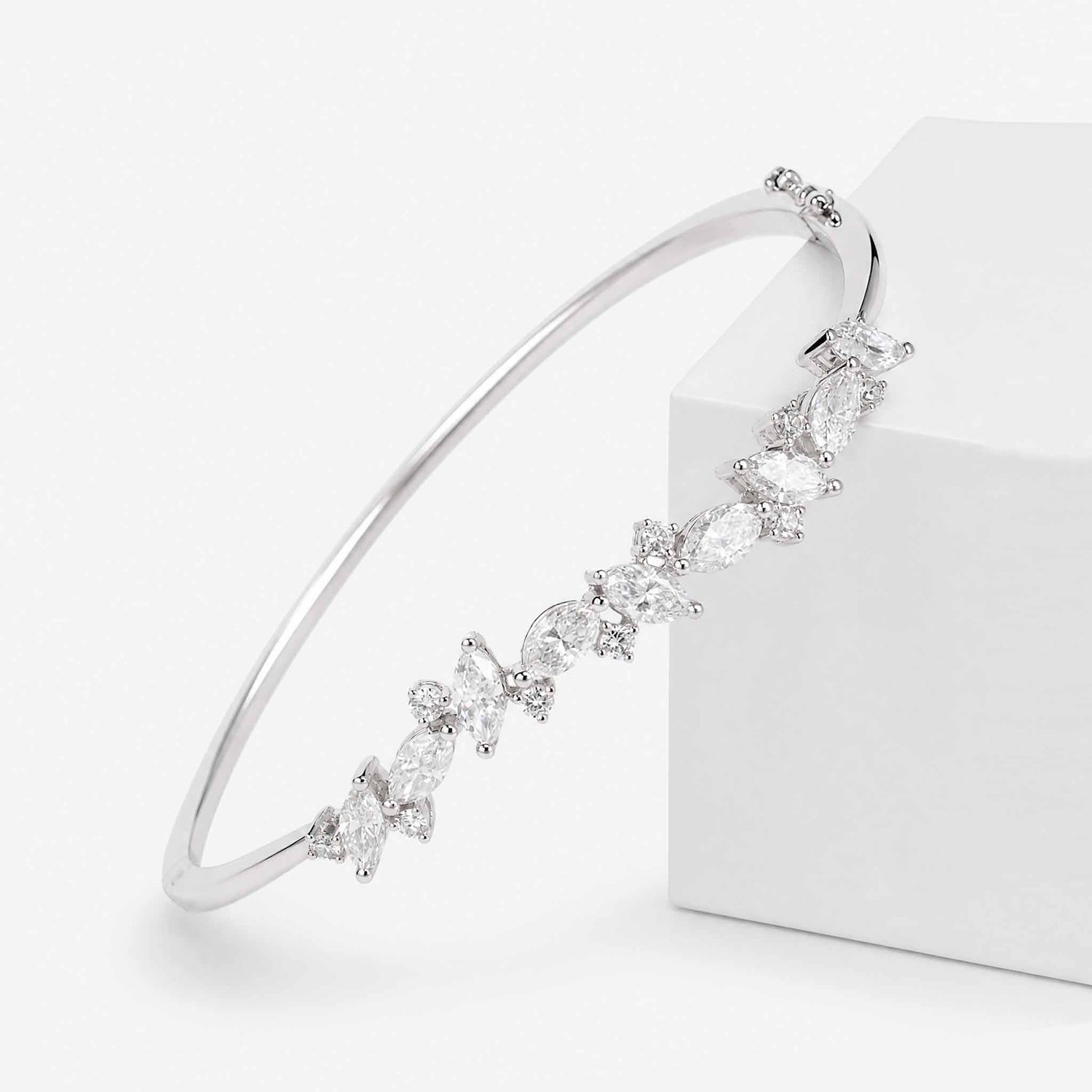 3.51ct Natural Marquise and Round Diamond Bangle in 18K White Gold - JewelryAndStore