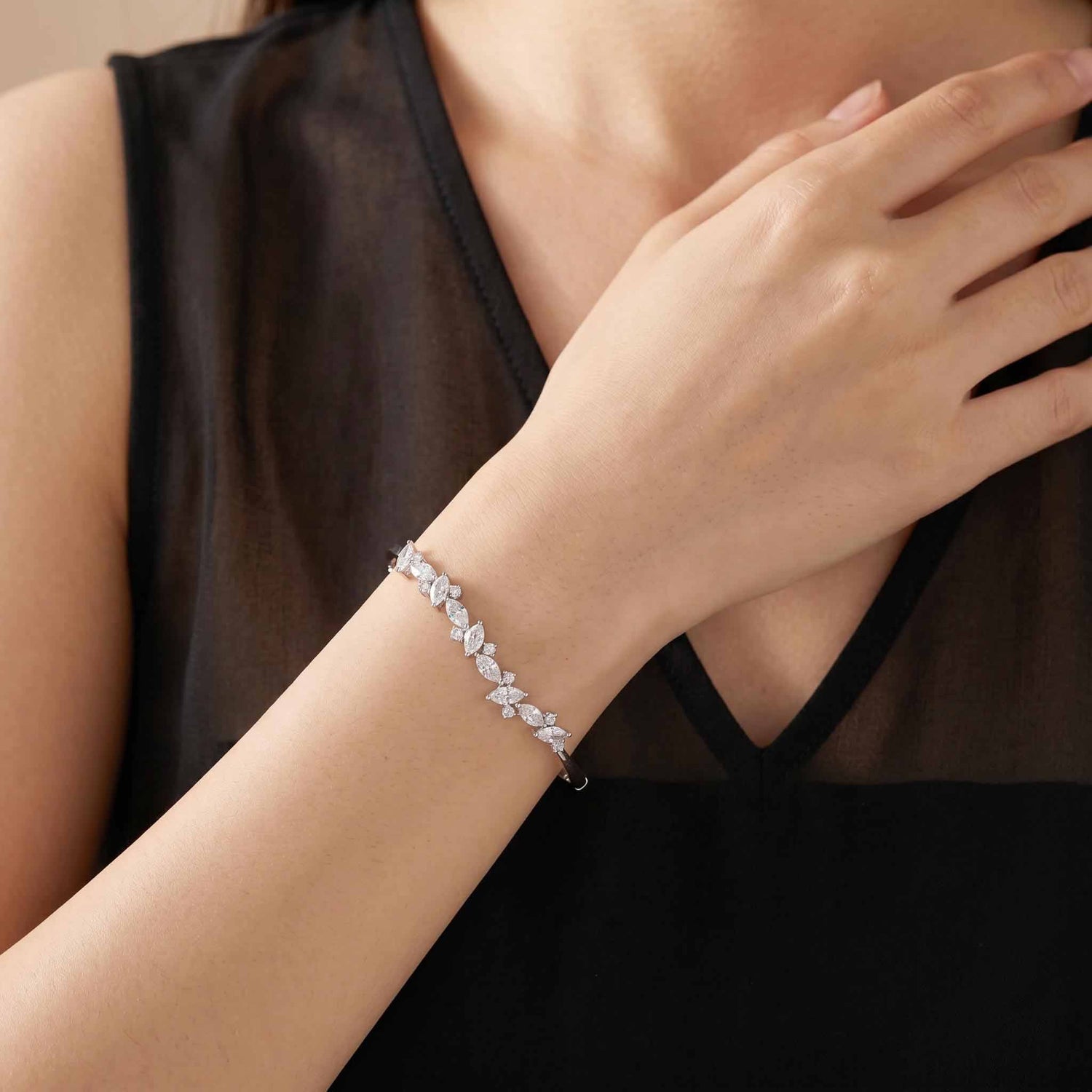 3.51ct Natural Marquise and Round Diamond Bangle in 18K White Gold - JewelryAndStore