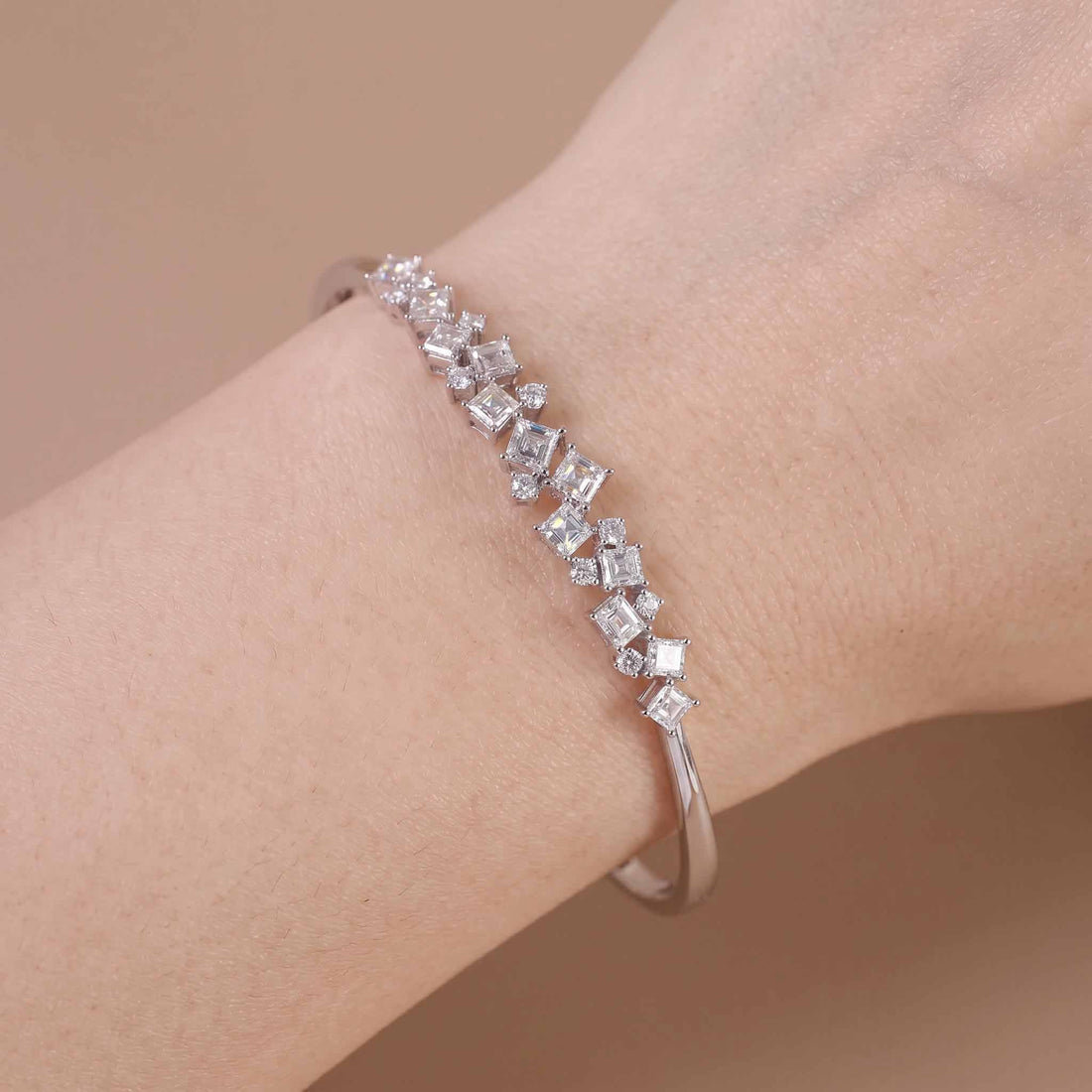 2.91ct Natural Princess and Round Diamond Bangle in 18K White Gold - JewelryAndStore