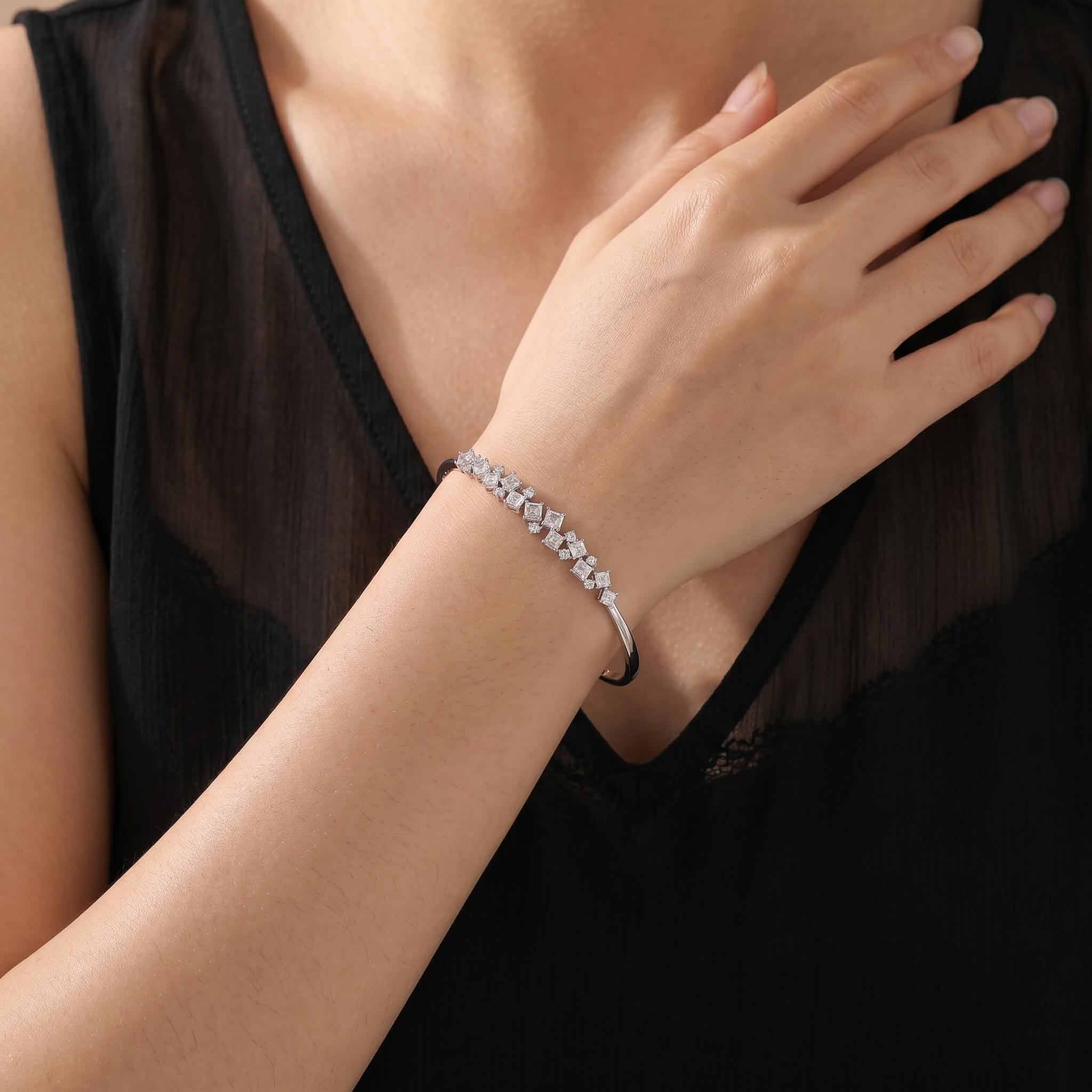 2.91ct Natural Princess and Round Diamond Bangle in 18K White Gold - JewelryAndStore