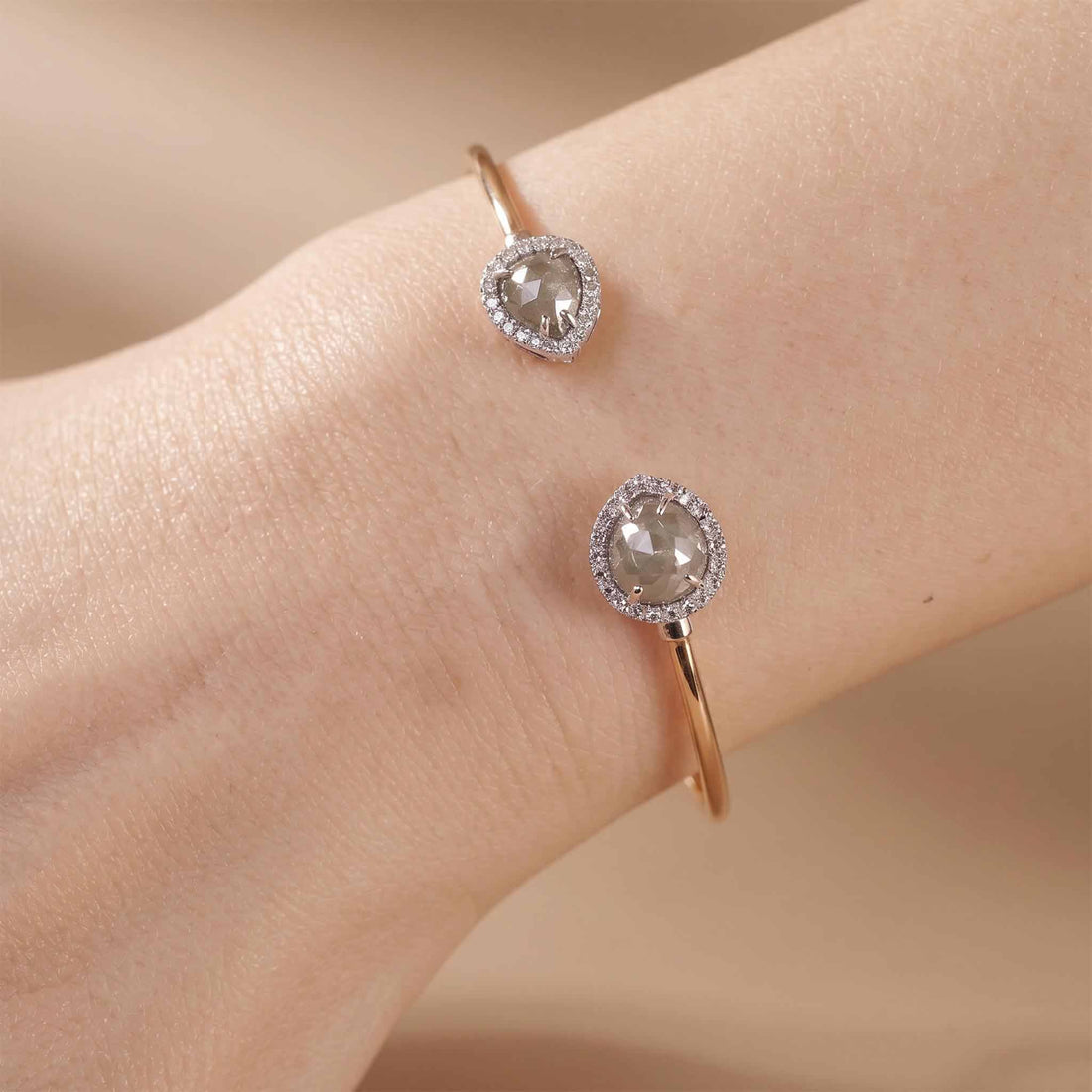 Natural Pear Slice Diamond Halo Open Cuff Bangle in 18K Rose Gold - JewelryAndStore