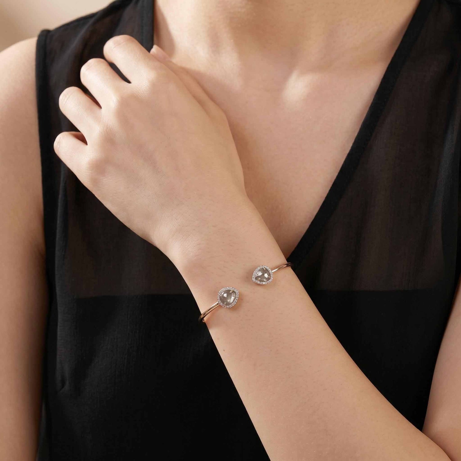 Natural Pear Slice Diamond Halo Open Cuff Bangle in 18K Rose Gold - JewelryAndStore