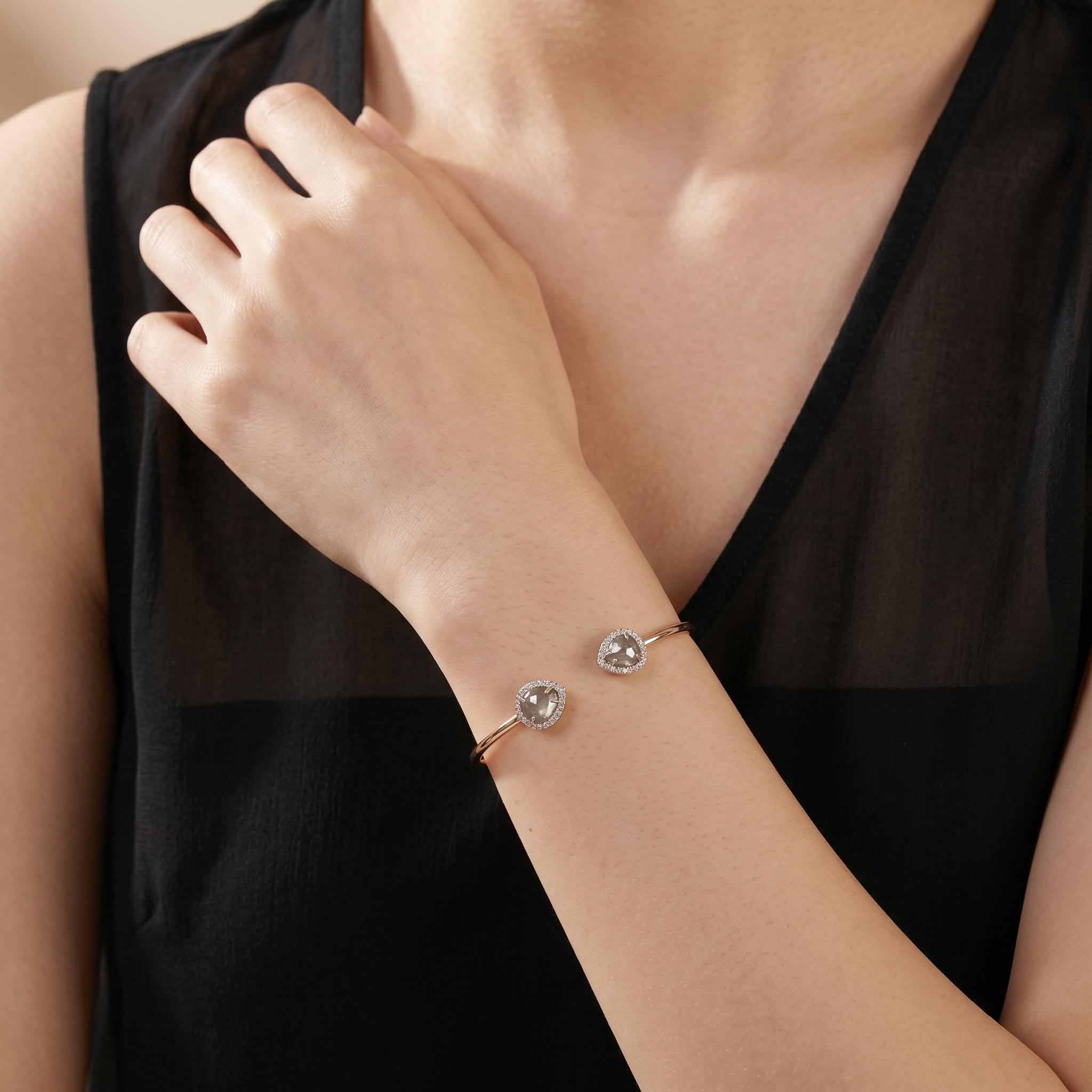 Natural Pear Slice Diamond Halo Open Cuff Bangle in 18K Rose Gold - JewelryAndStore
