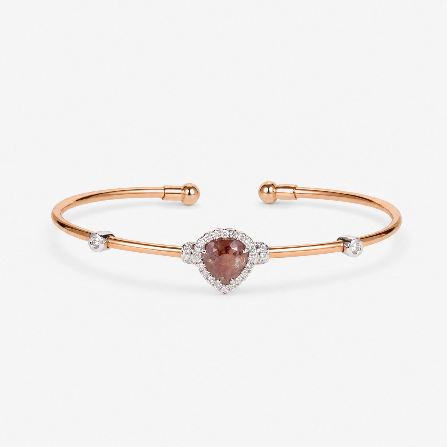 Natural Pear Raw Brown Diamond Halo Open Cuff Bangle in 18K Rose Gold - JewelryAndStore