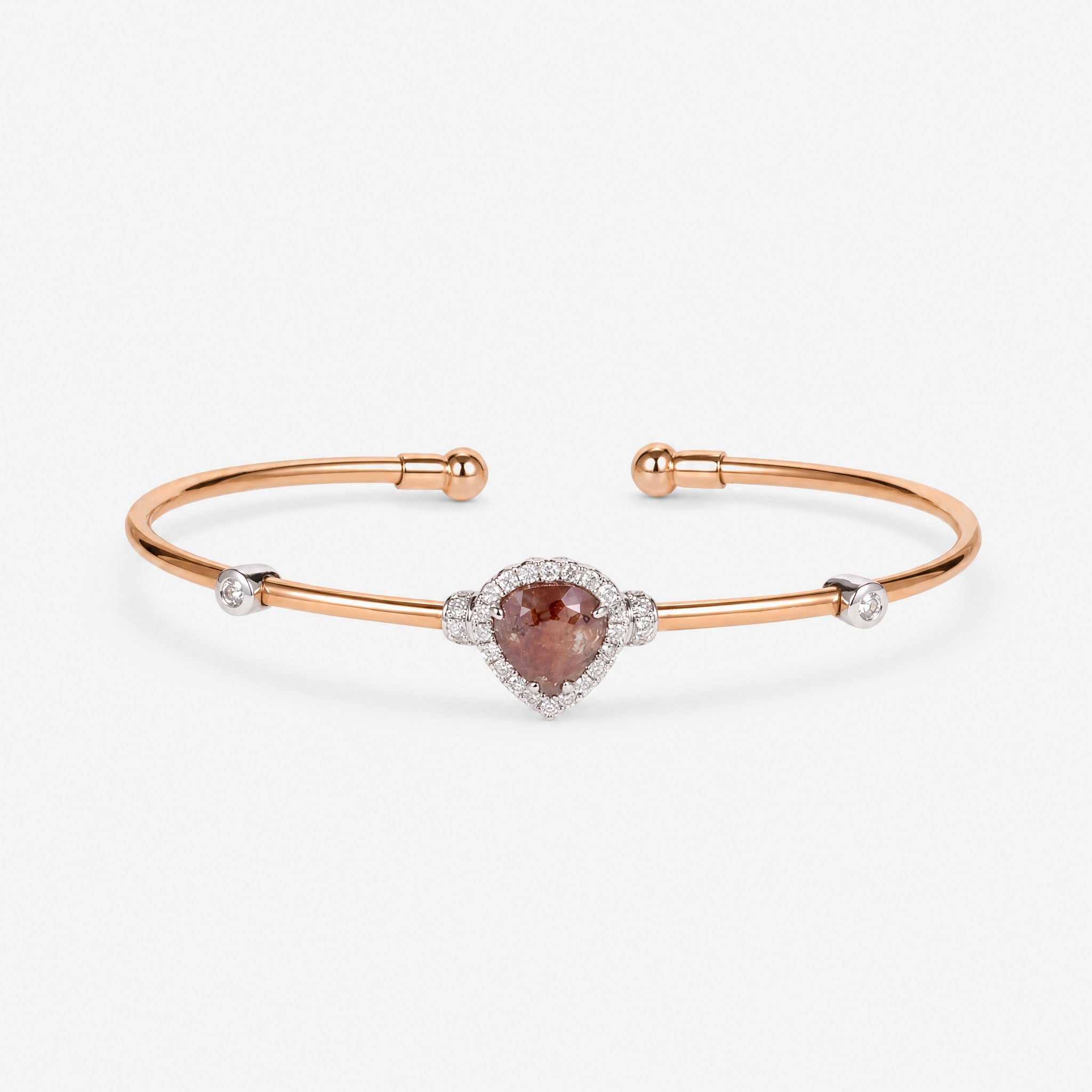 Natural Pear Raw Brown Diamond Halo Open Cuff Bangle in 18K Rose Gold - JewelryAndStore