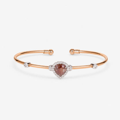 Natural Pear Raw Brown Diamond Halo Open Cuff Bangle in 18K Rose Gold - JewelryAndStore