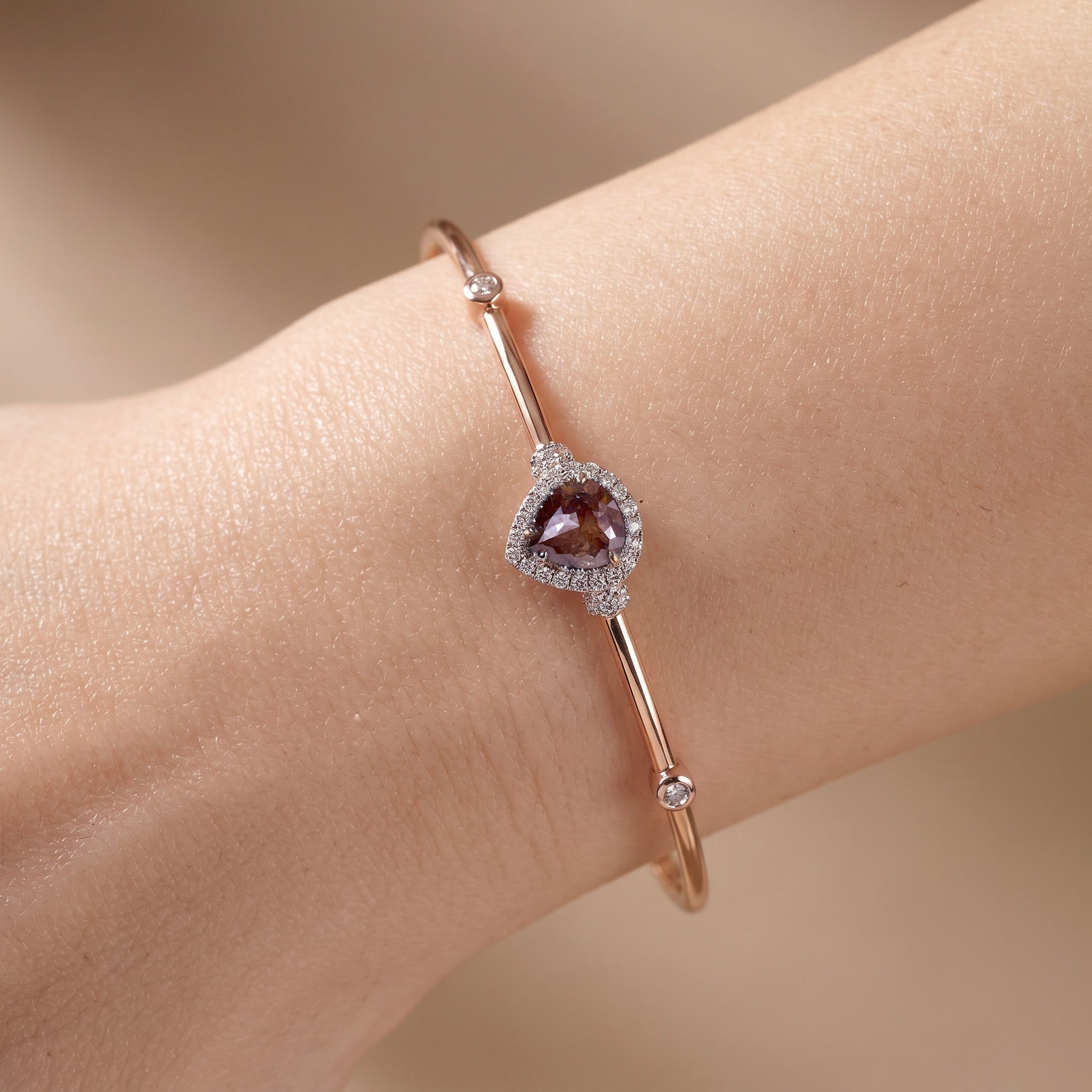 Natural Pear Raw Brown Diamond Halo Open Cuff Bangle in 18K Rose Gold - JewelryAndStore