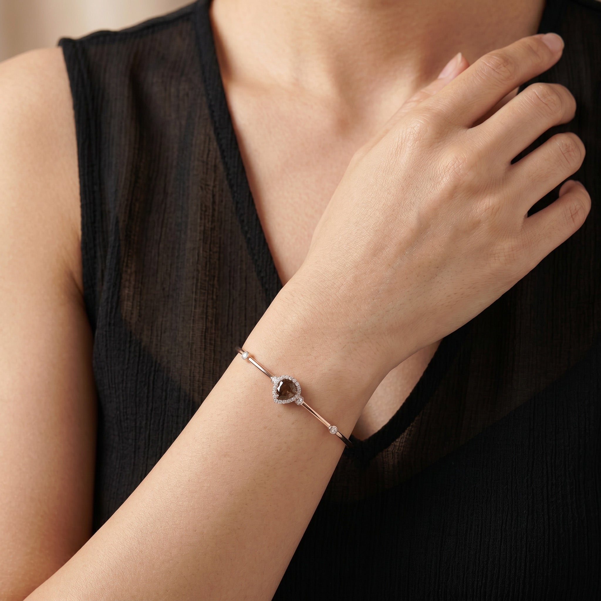 Natural Pear Raw Brown Diamond Halo Open Cuff Bangle in 18K Rose Gold - JewelryAndStore
