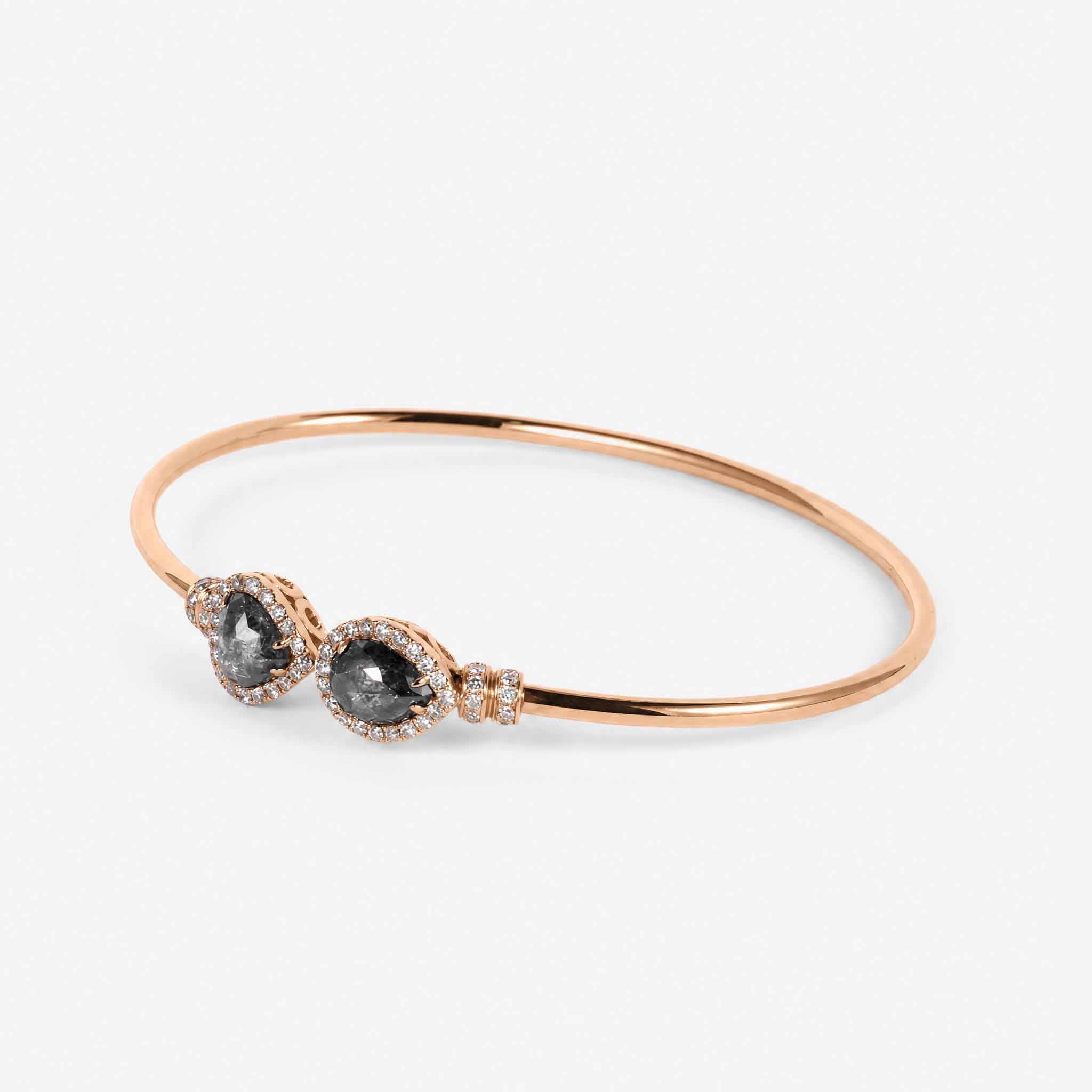 Natural Pear Slice Diamond Double Cluster Open Cuff Bangle in 18K Rose Gold - JewelryAndStore