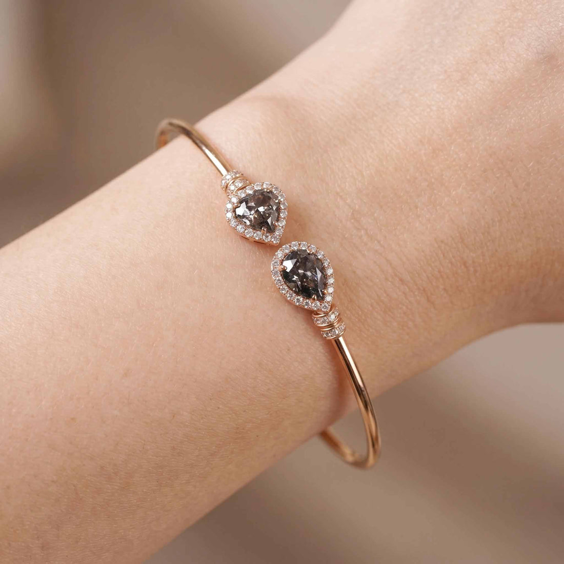 Natural Pear Slice Diamond Double Cluster Open Cuff Bangle in 18K Rose Gold - JewelryAndStore
