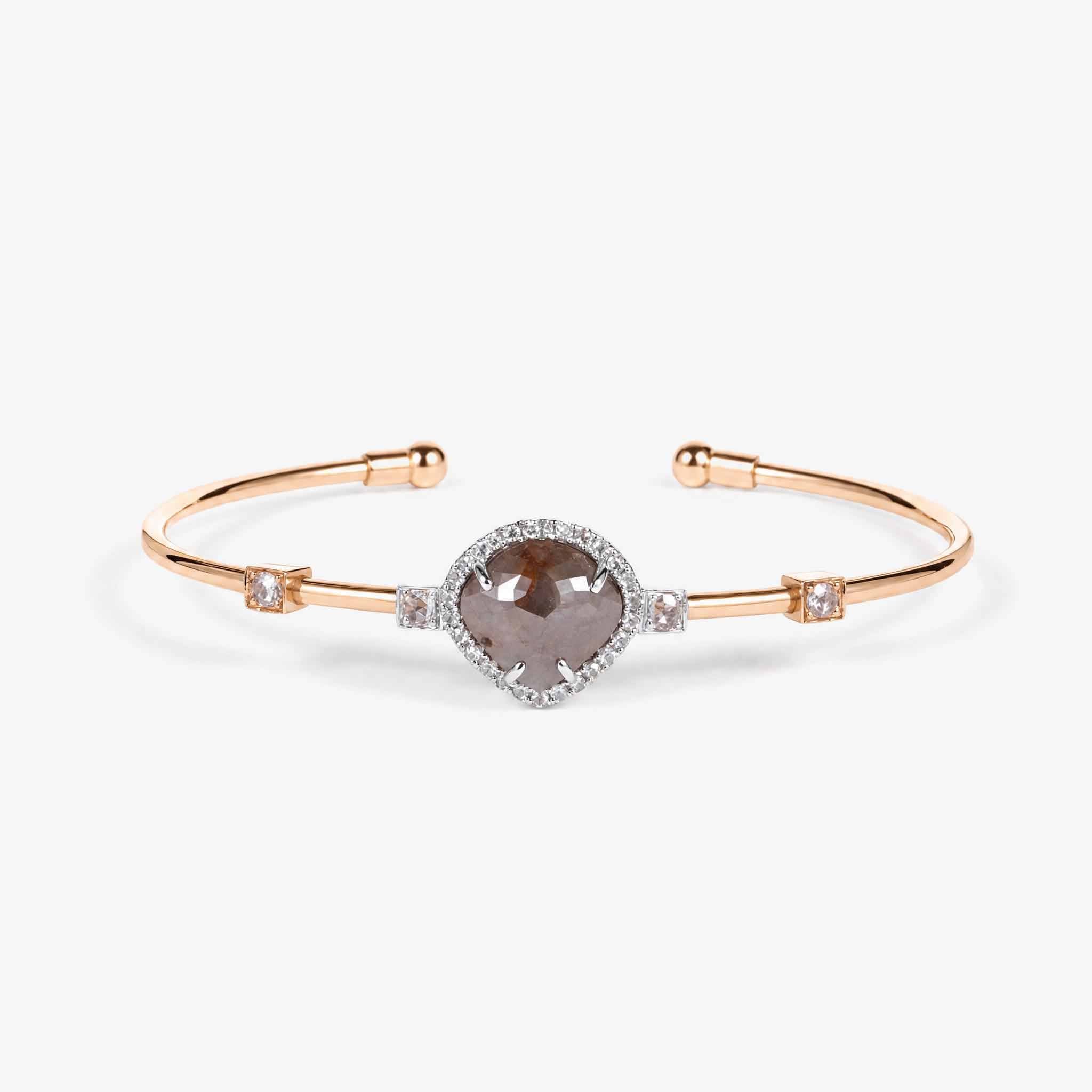 Natural Triangle Slice Diamond Halo Open Cuff Bangle in 18K Rose Gold - JewelryAndStore