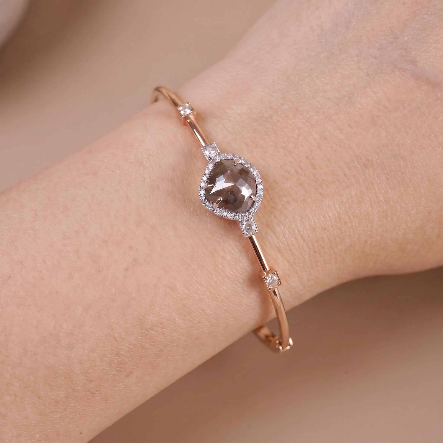 Natural Triangle Slice Diamond Halo Open Cuff Bangle in 18K Rose Gold - JewelryAndStore