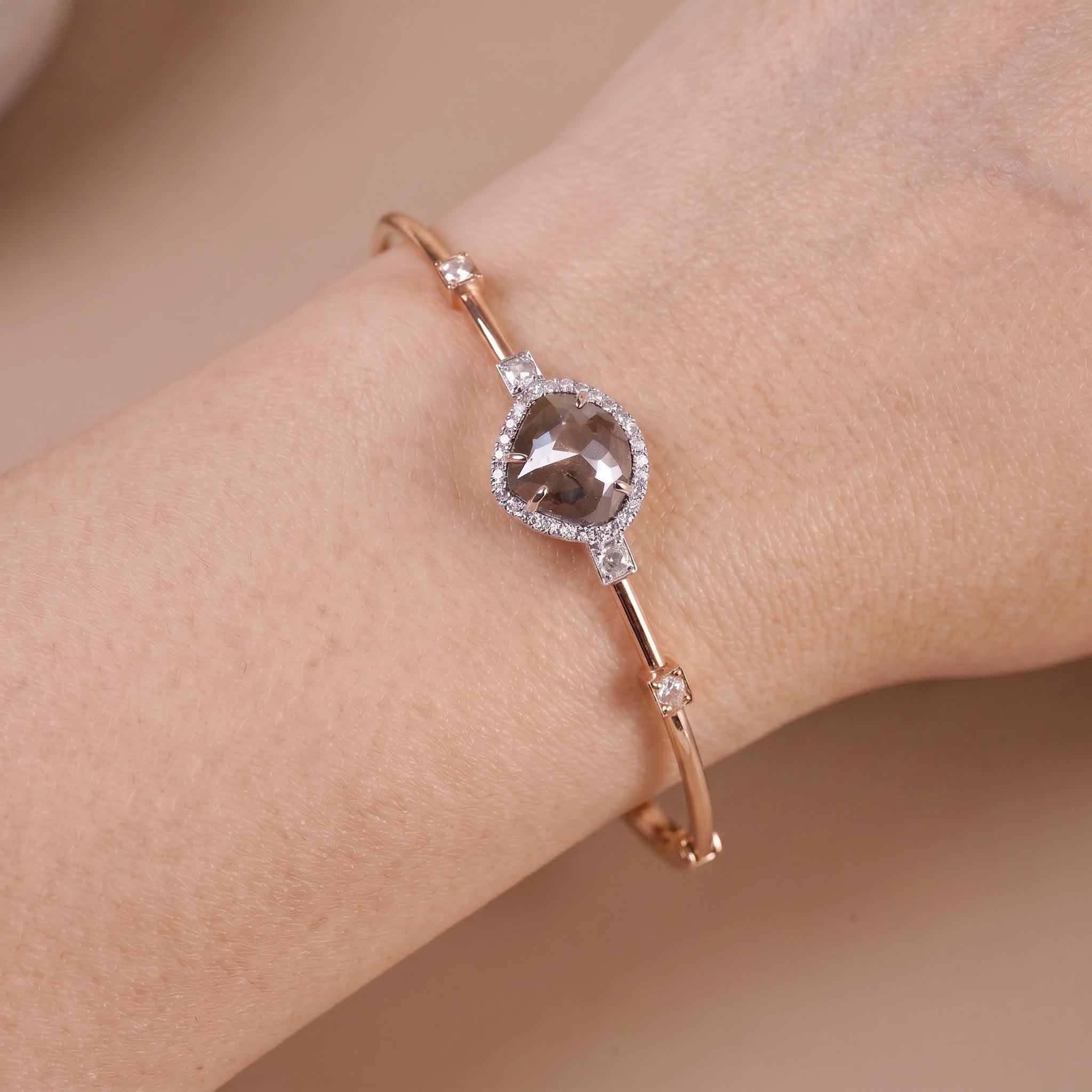 Natural Triangle Slice Diamond Halo Open Cuff Bangle in 18K Rose Gold - JewelryAndStore