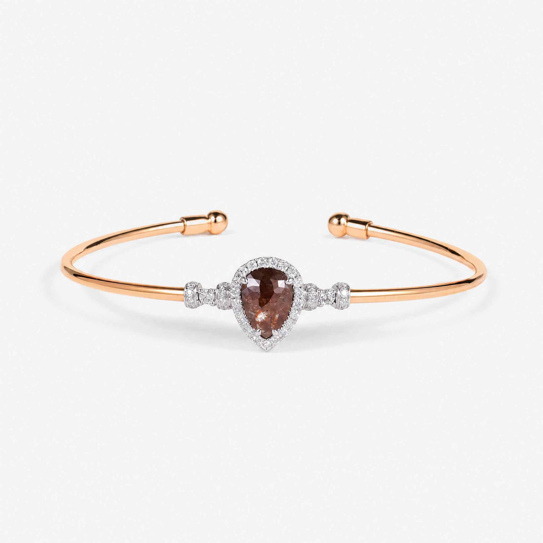 Natural Pear Brown Diamond Double Halo Open Cuff Bangle in 18K Rose Gold - JewelryAndStore