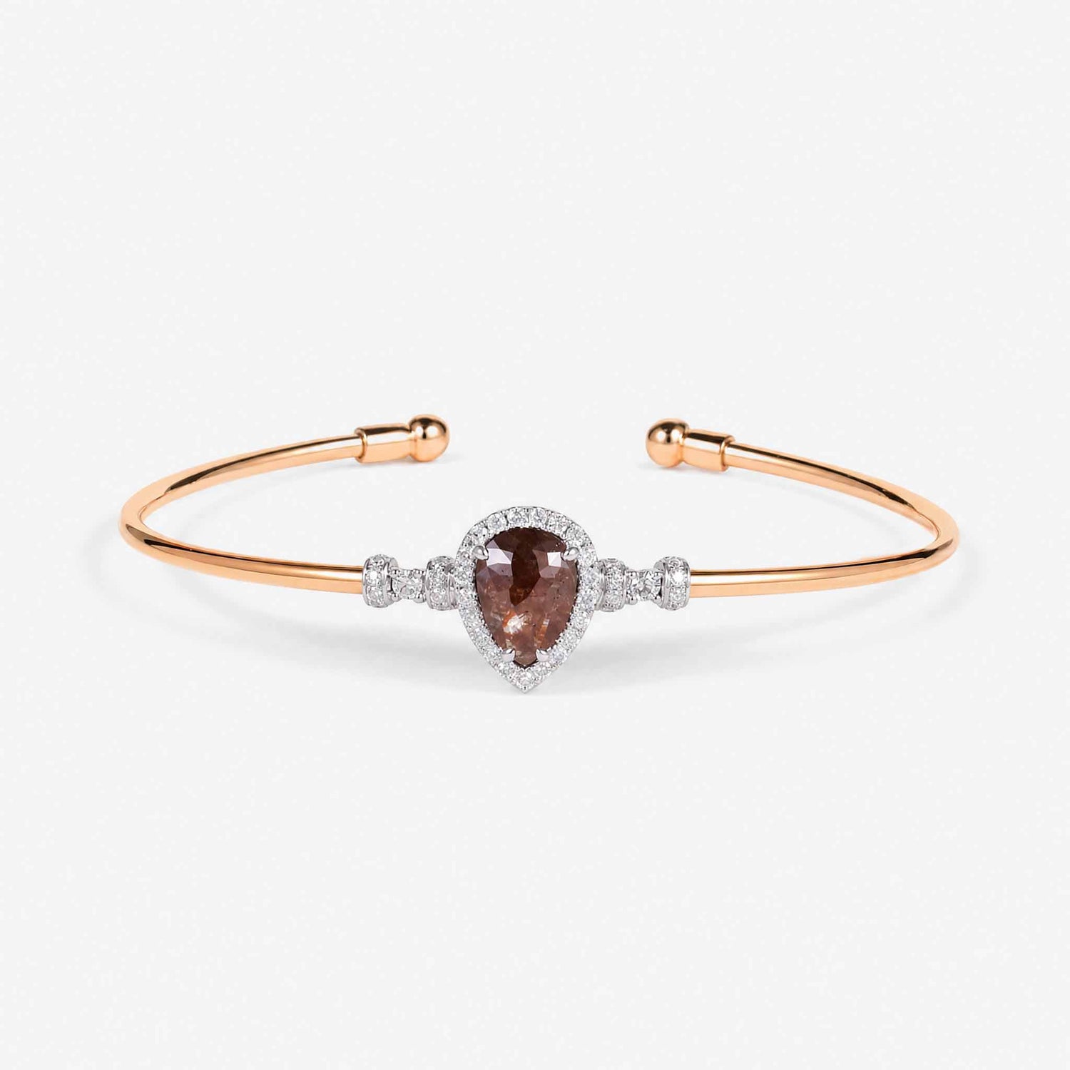 Natural Pear Brown Diamond Double Halo Open Cuff Bangle in 18K Rose Gold - JewelryAndStore