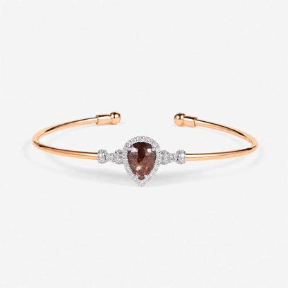 Natural Pear Brown Diamond Double Halo Open Cuff Bangle in 18K Rose Gold - JewelryAndStore