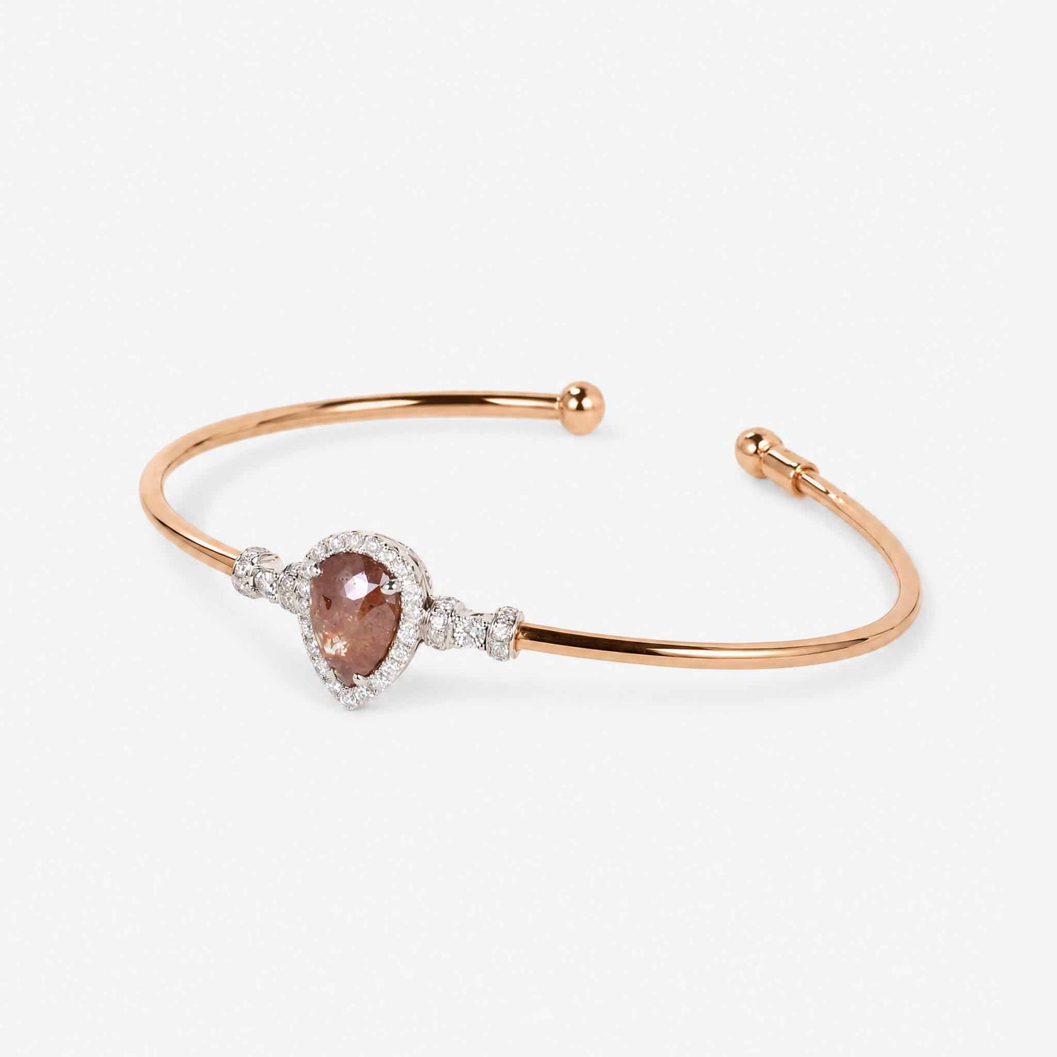 Natural Pear Brown Diamond Double Halo Open Cuff Bangle in 18K Rose Gold - JewelryAndStore