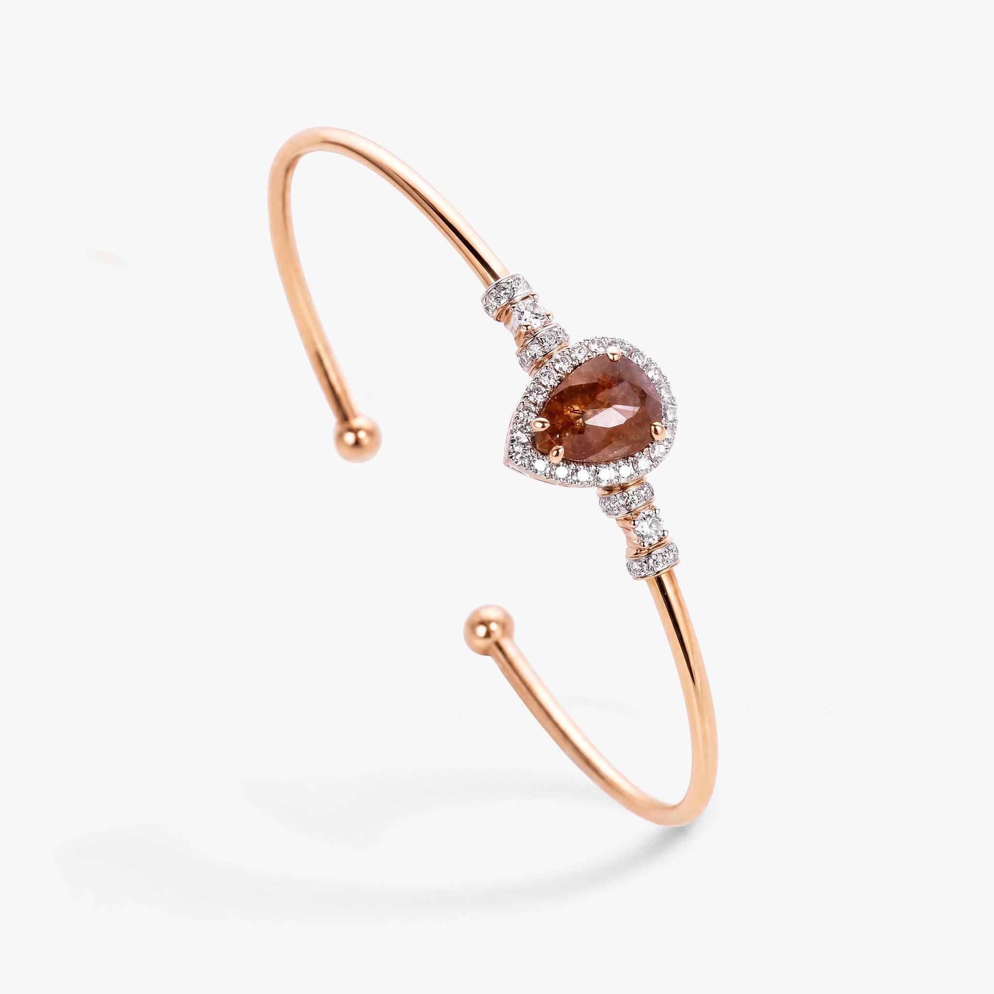 Natural Pear Brown Diamond Double Halo Open Cuff Bangle in 18K Rose Gold - JewelryAndStore