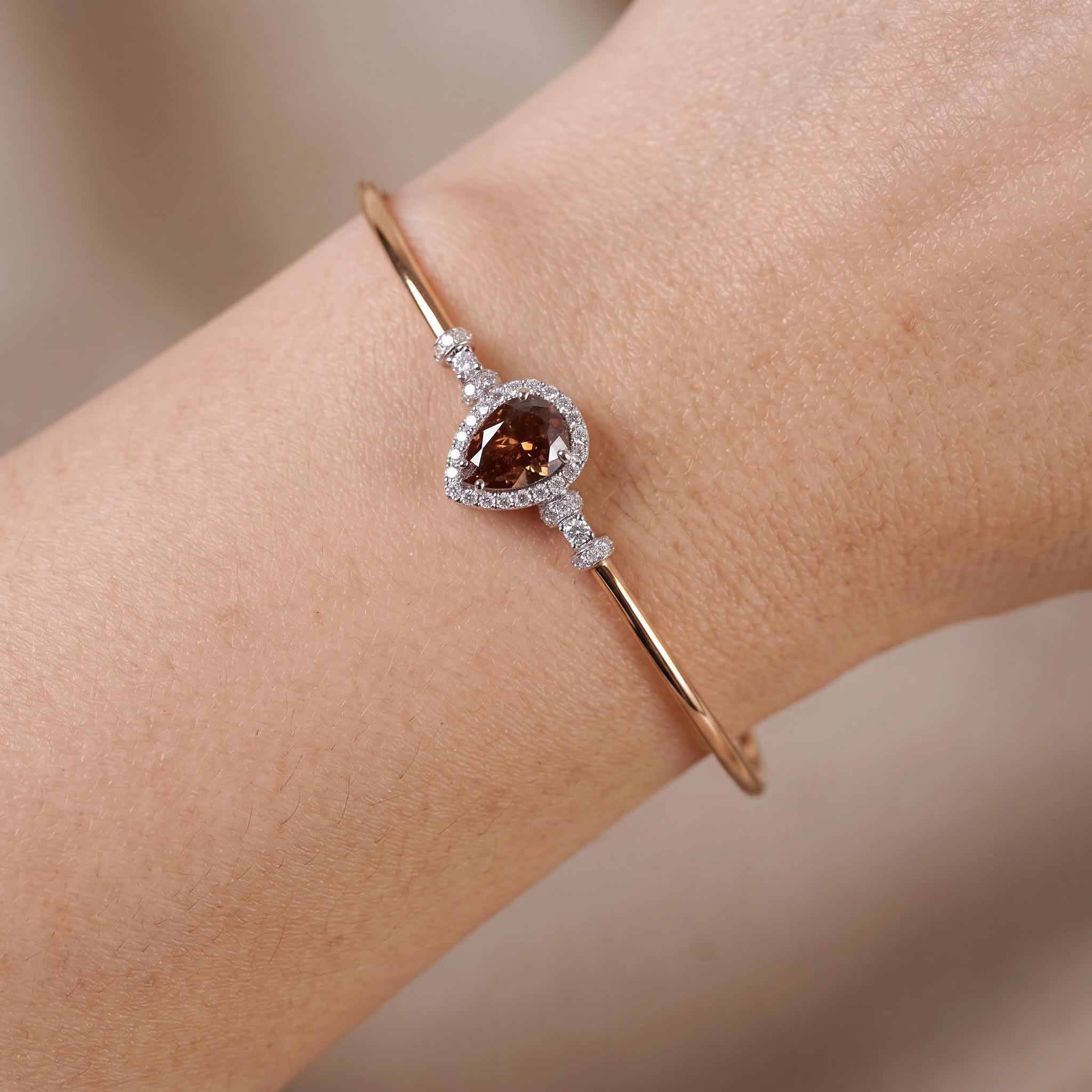 Natural Pear Brown Diamond Double Halo Open Cuff Bangle in 18K Rose Gold - JewelryAndStore