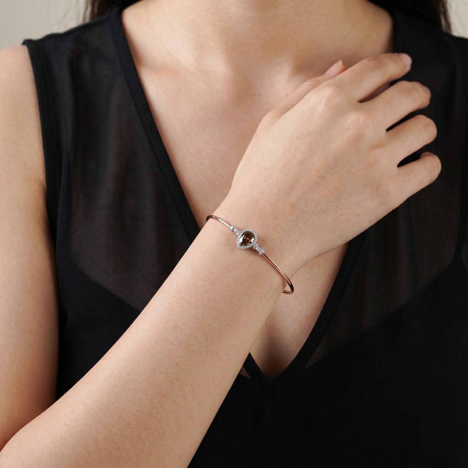 Natural Pear Brown Diamond Double Halo Open Cuff Bangle in 18K Rose Gold - JewelryAndStore