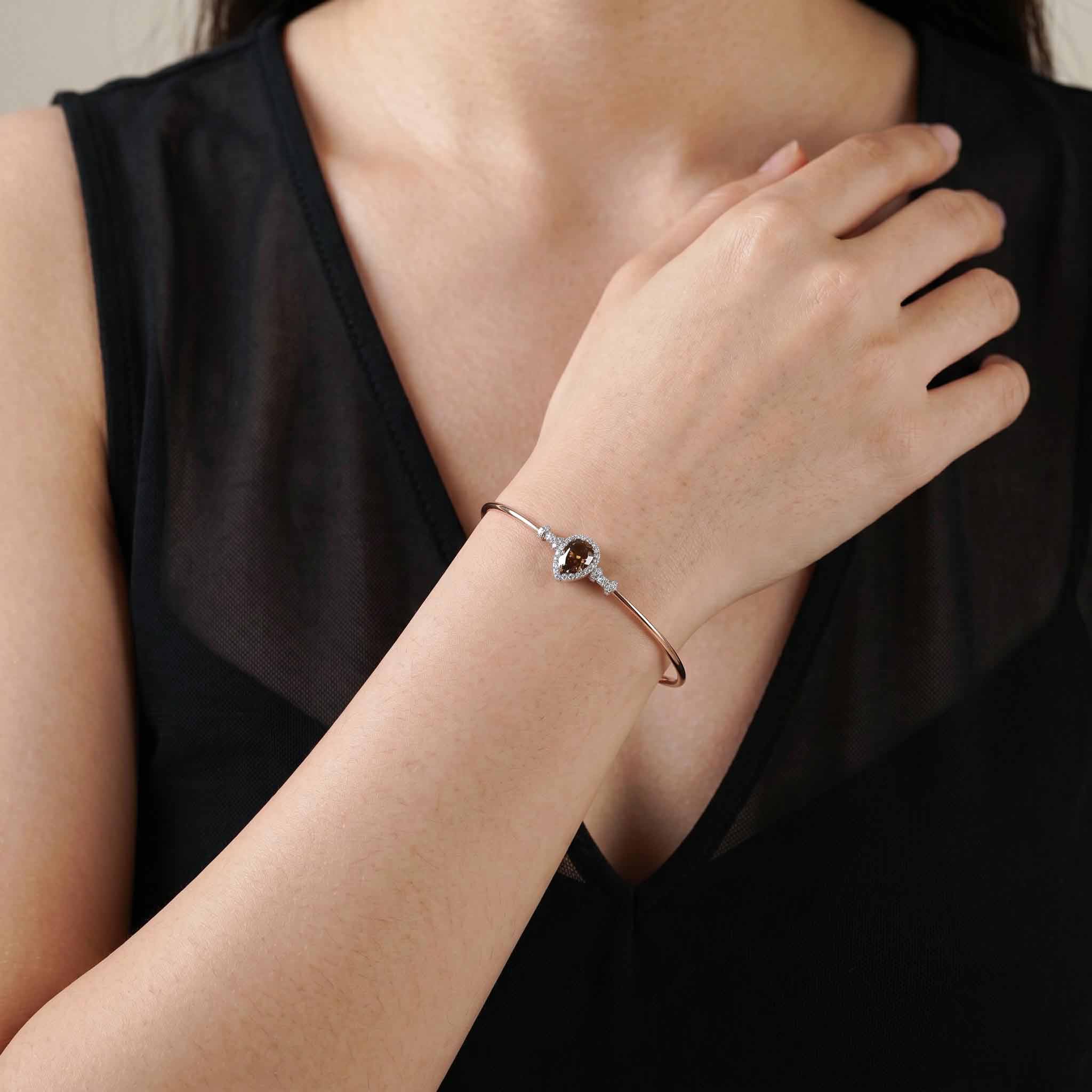 Natural Pear Brown Diamond Double Halo Open Cuff Bangle in 18K Rose Gold - JewelryAndStore