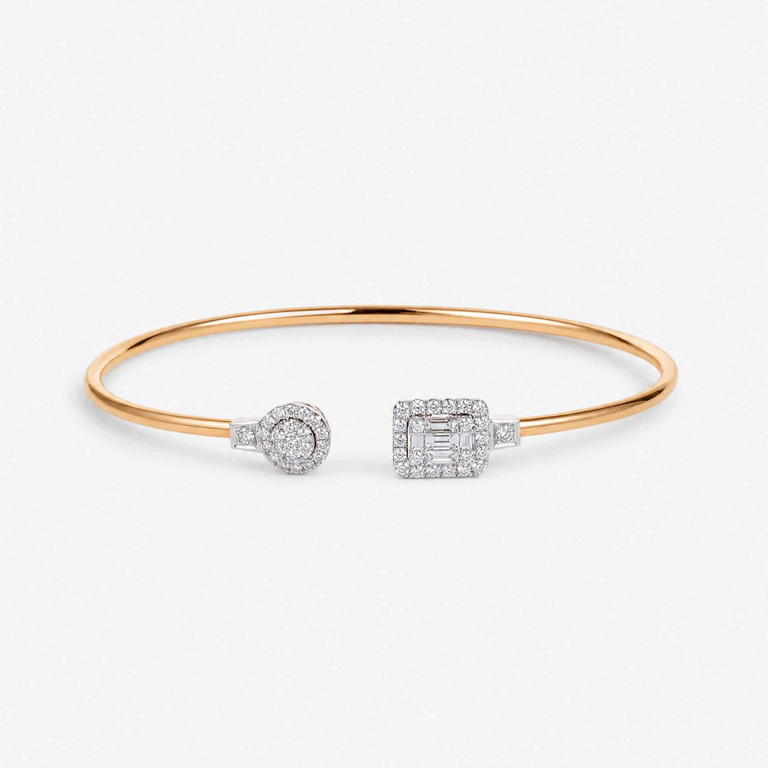 Natural Round and Baguette Diamond Cluster Open Cuff Bangle in 18K Rose Gold - JewelryAndStore