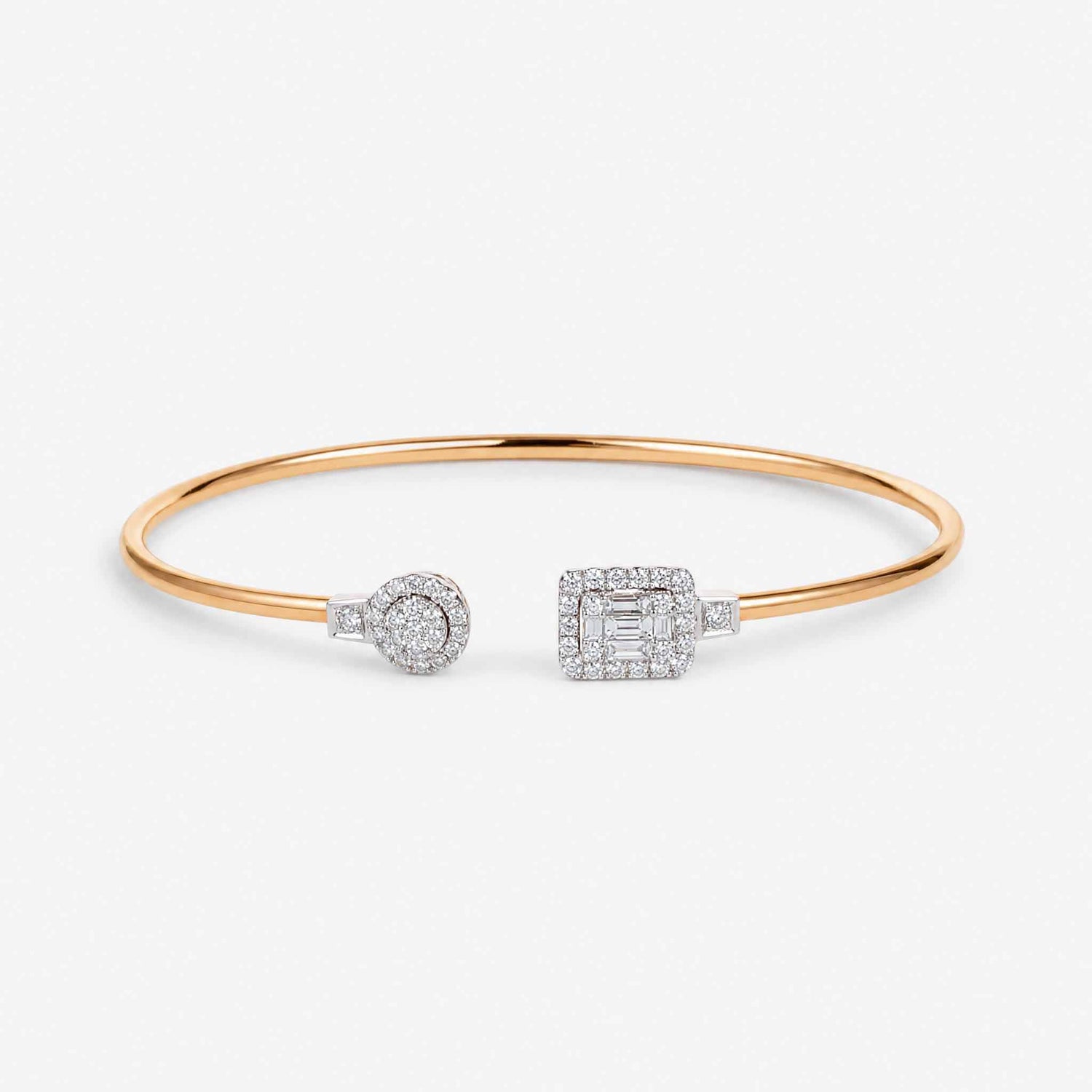 Natural Round and Baguette Diamond Cluster Open Cuff Bangle in 18K Rose Gold - JewelryAndStore