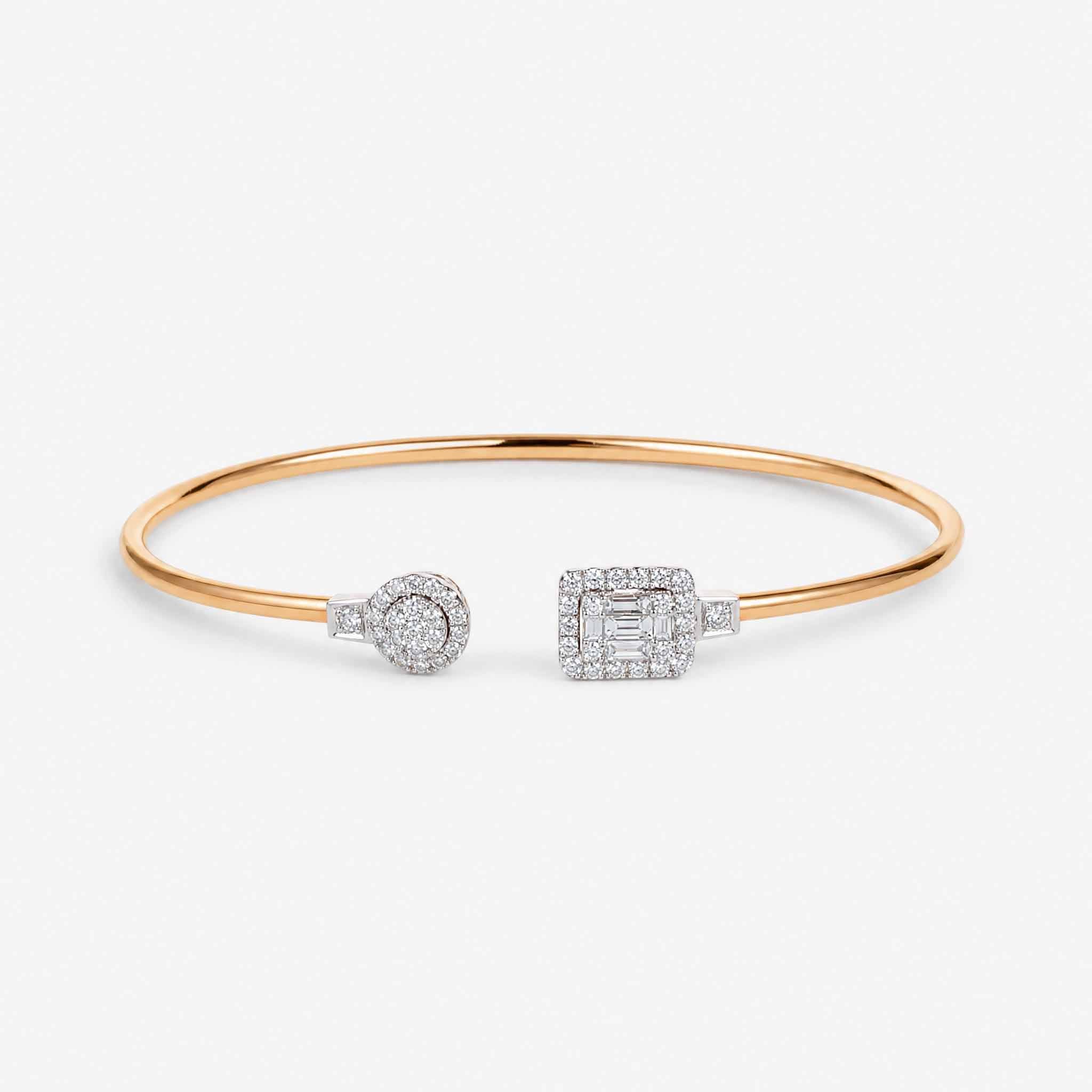 Natural Round and Baguette Diamond Cluster Open Cuff Bangle in 18K Rose Gold - JewelryAndStore