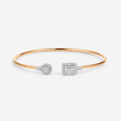 Natural Round and Baguette Diamond Cluster Open Cuff Bangle in 18K Rose Gold - JewelryAndStore