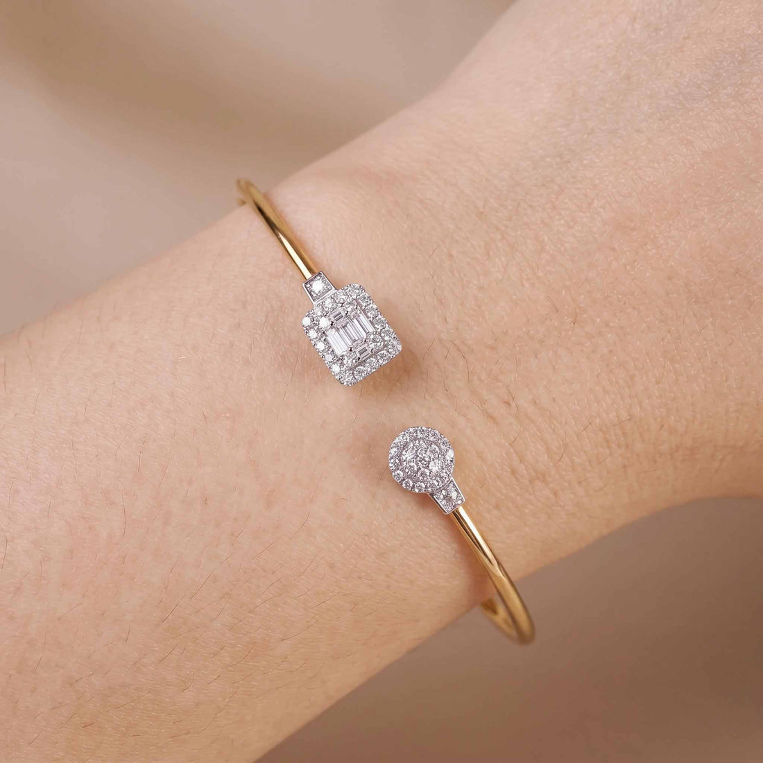 Natural Round and Baguette Diamond Cluster Open Cuff Bangle in 18K Rose Gold - JewelryAndStore
