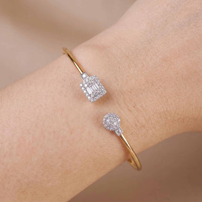 Natural Round and Baguette Diamond Cluster Open Cuff Bangle in 18K Rose Gold - JewelryAndStore