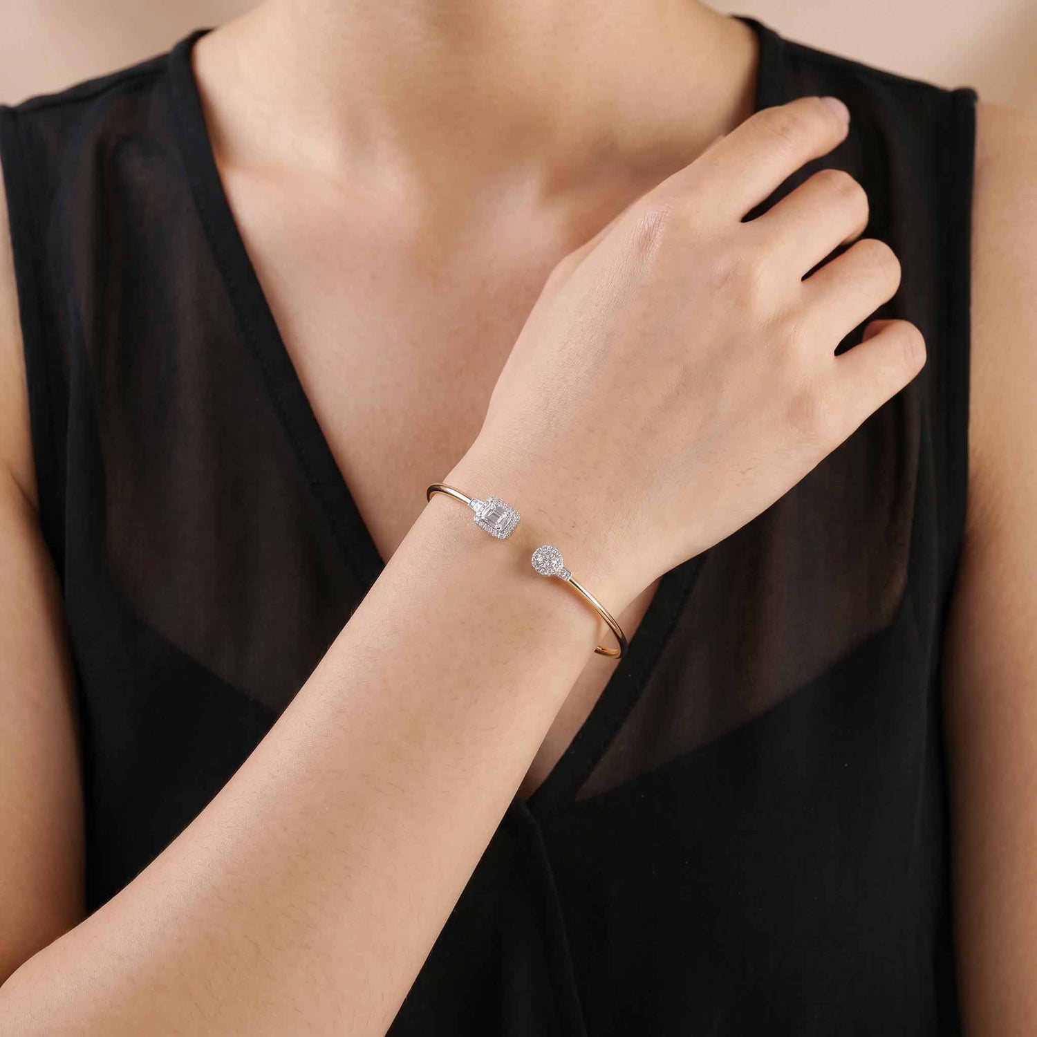 Natural Round and Baguette Diamond Cluster Open Cuff Bangle in 18K Rose Gold - JewelryAndStore