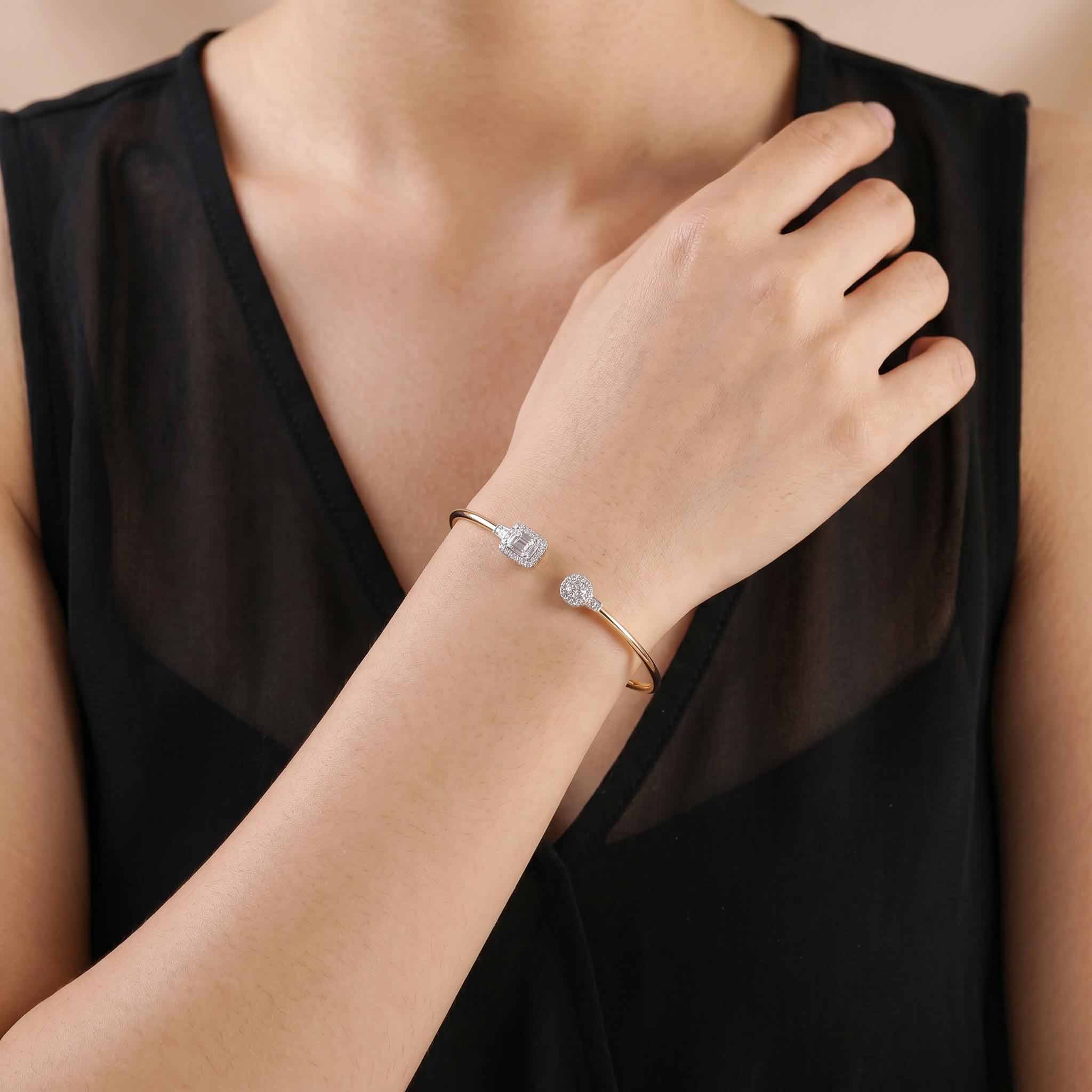 Natural Round and Baguette Diamond Cluster Open Cuff Bangle in 18K Rose Gold - JewelryAndStore