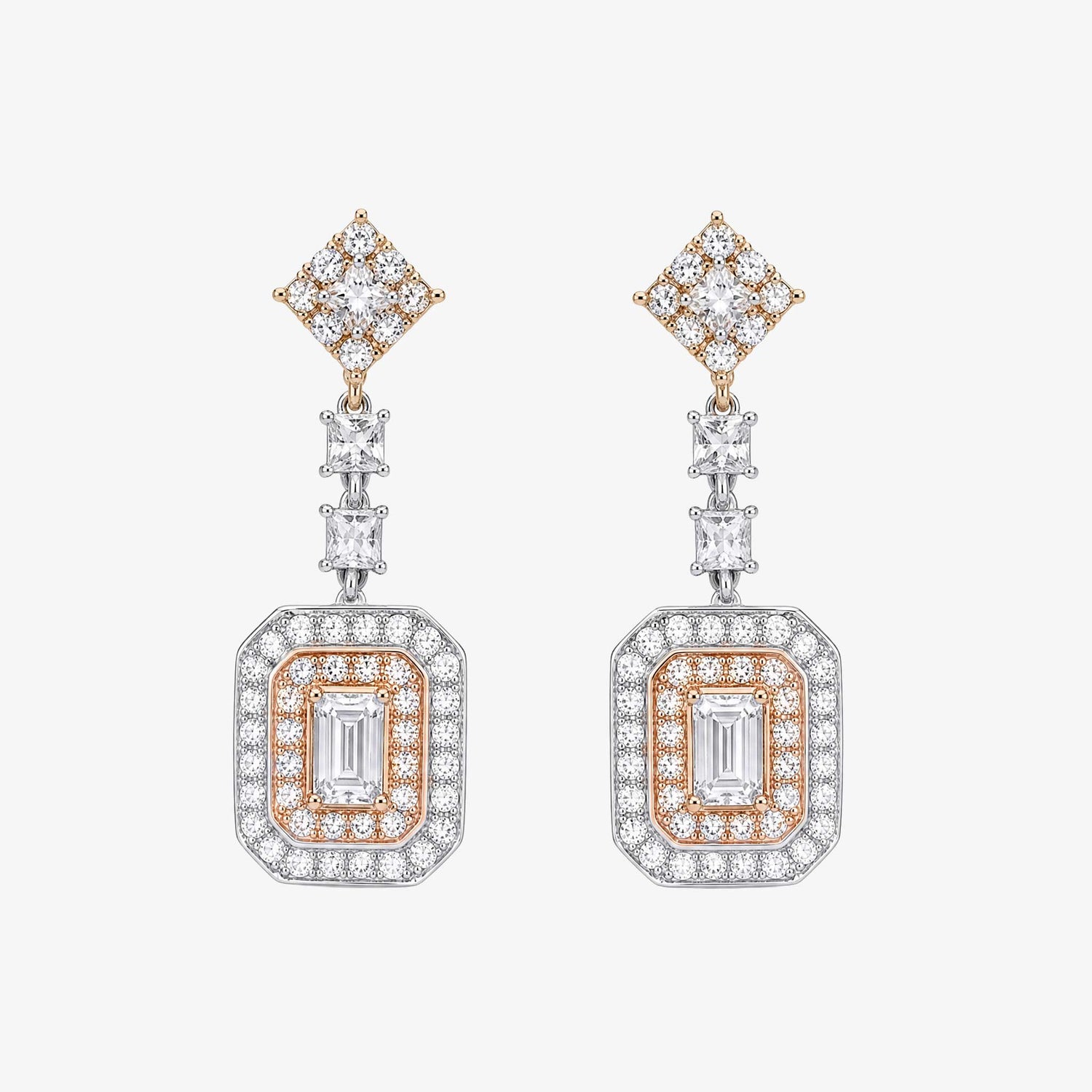 0.88 ctw Natural Emerald Cut Diamond Drop Earrings in 18K Two-Tone Gold